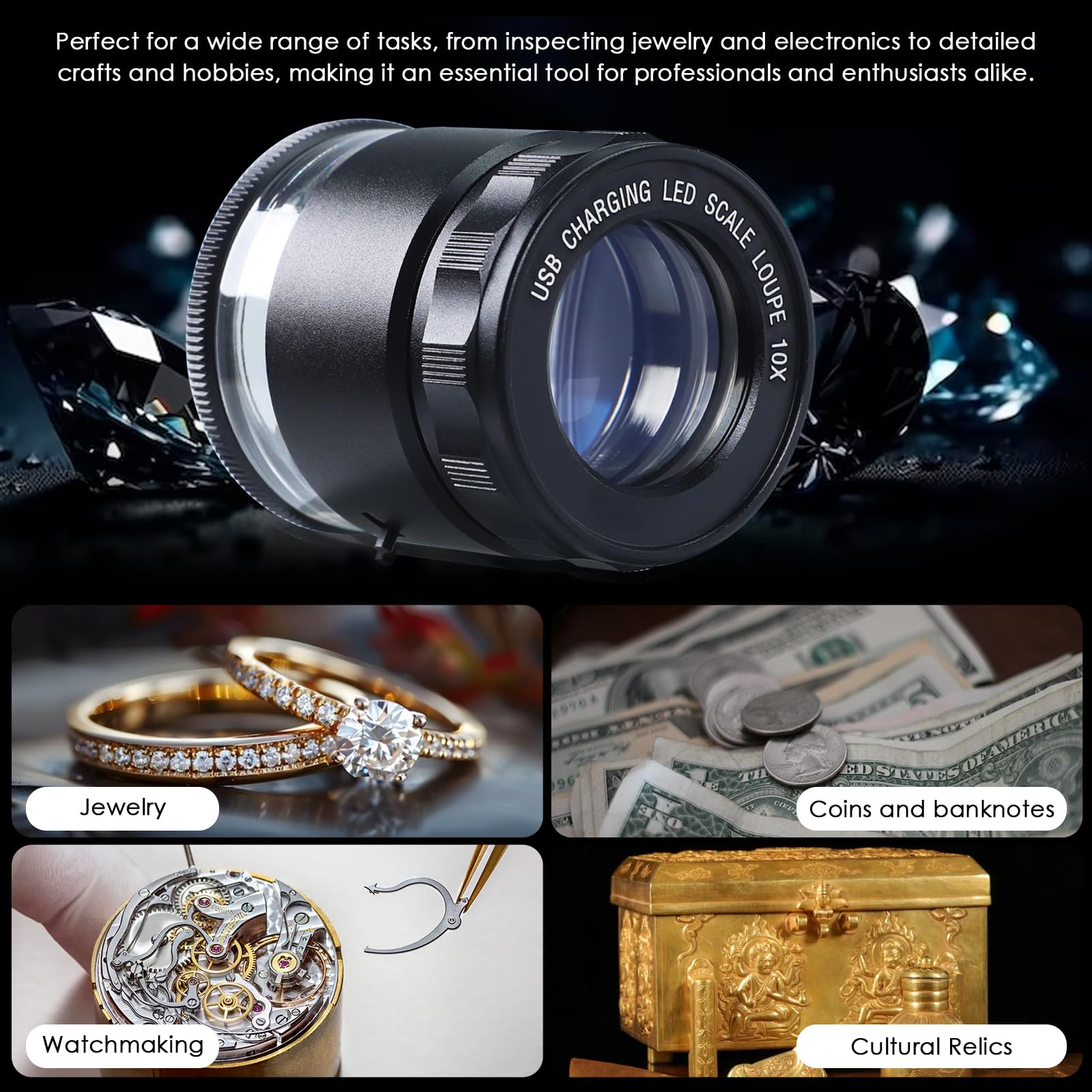 Lente di ingrandimento 10x ricaricabile gioielliere 8 reticolo staccabile scala di precisione, lente d'ingrandimento con 6 luci LED e messa a fuoco regolabile per lavori ravvicinati gioielli, gemme,