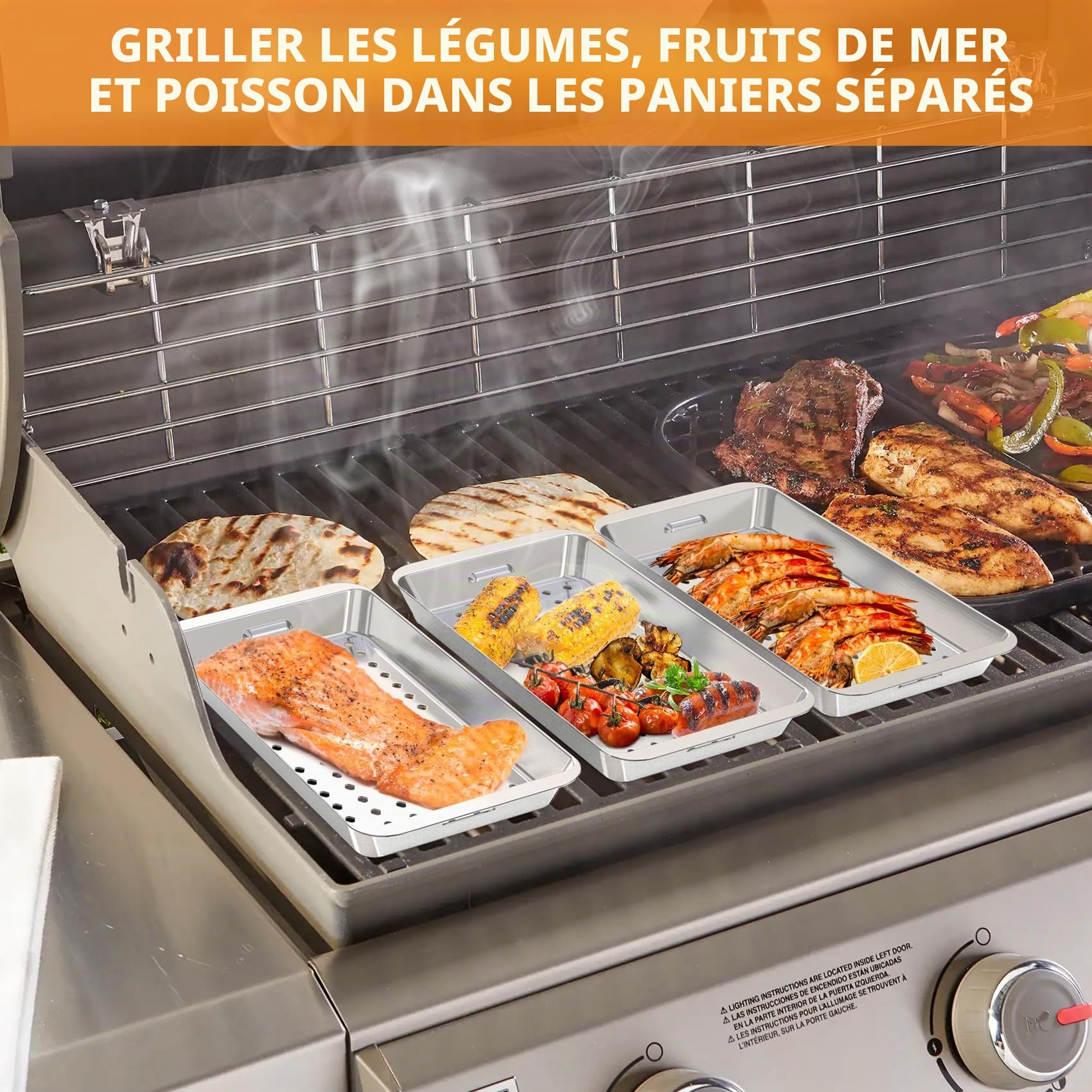 onlyfire Panier Grille pour Barbecue Set, Panier à Barbecue, Panier à Légumes, Comprend 3 Panier à Griller Trous en Acier Inoxydable, Panier Cuisson pour la Cuisson des Poissons, Légumes ou Crevettes