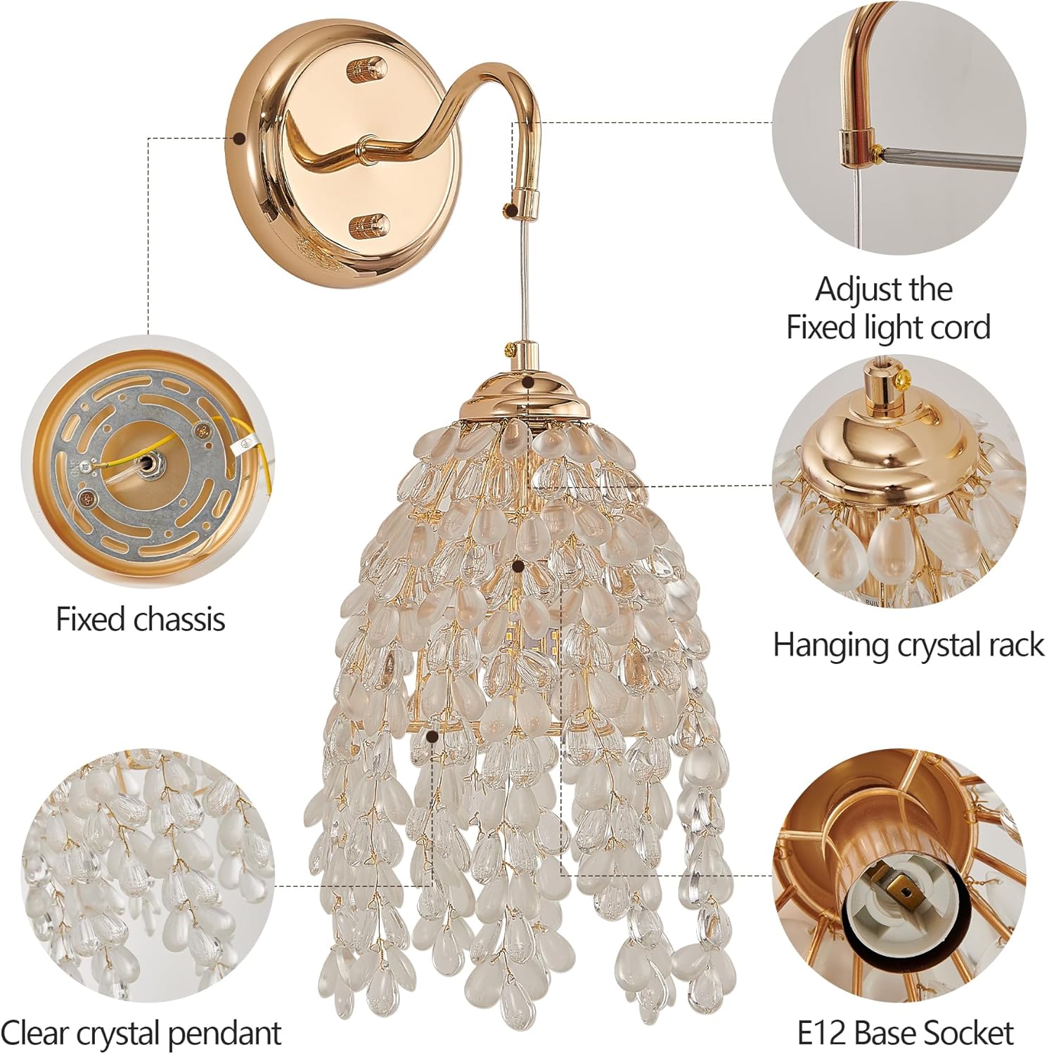 18 Inch Gold Crystal Wall Sconces,Elegant Lamps Set of 2 with Pendant Crystal Shade,Modern Bedside Lamps for Bedroom,Living Room Decor (Large Beads, 18" H x6 W Wall Sconces)