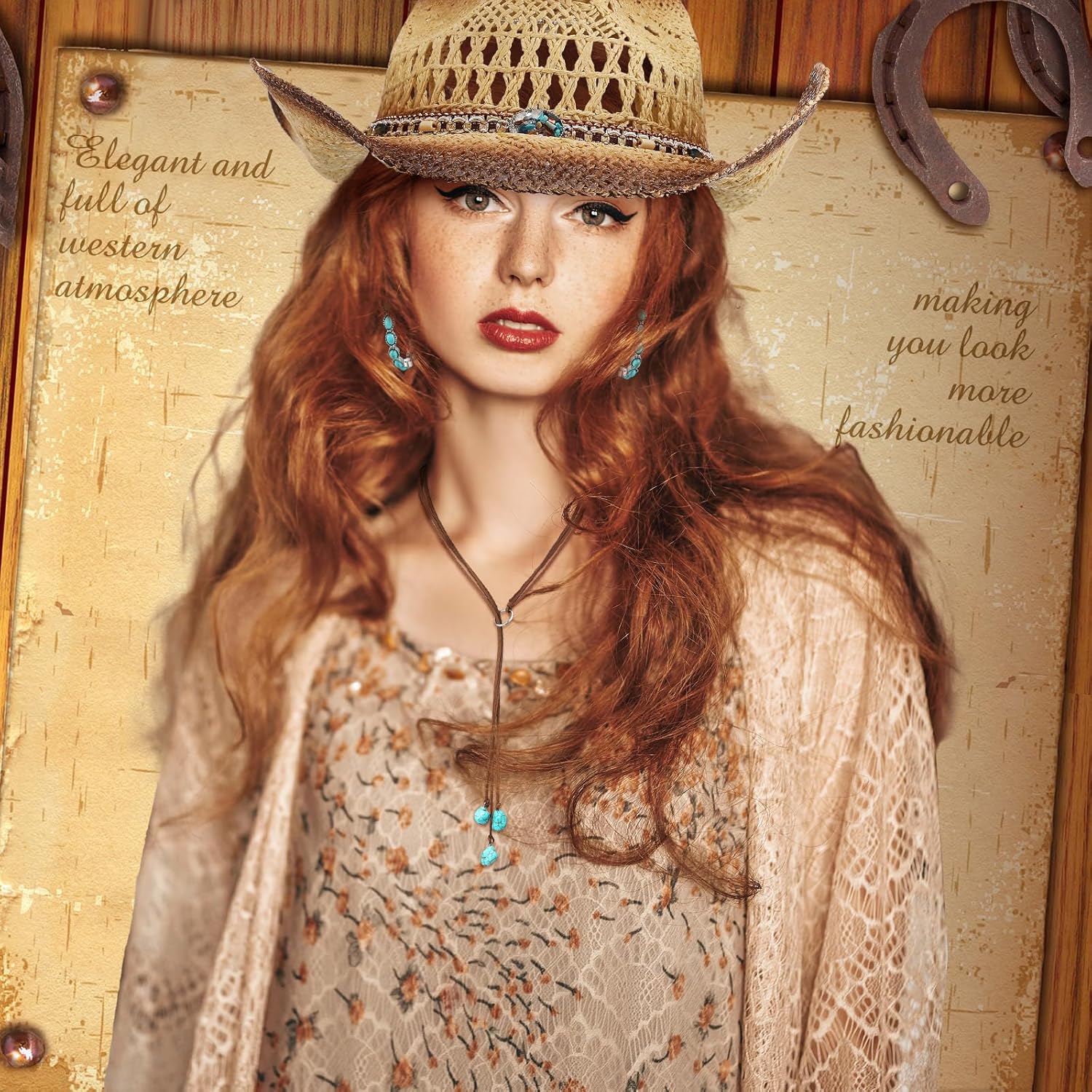 Ecally 7 Pcs Western Jewelry Set Bohemian Turquoise Straw Cowboy Hat Boho Necklace Bracelet Ring Pendant Earrings for Women - Image 2