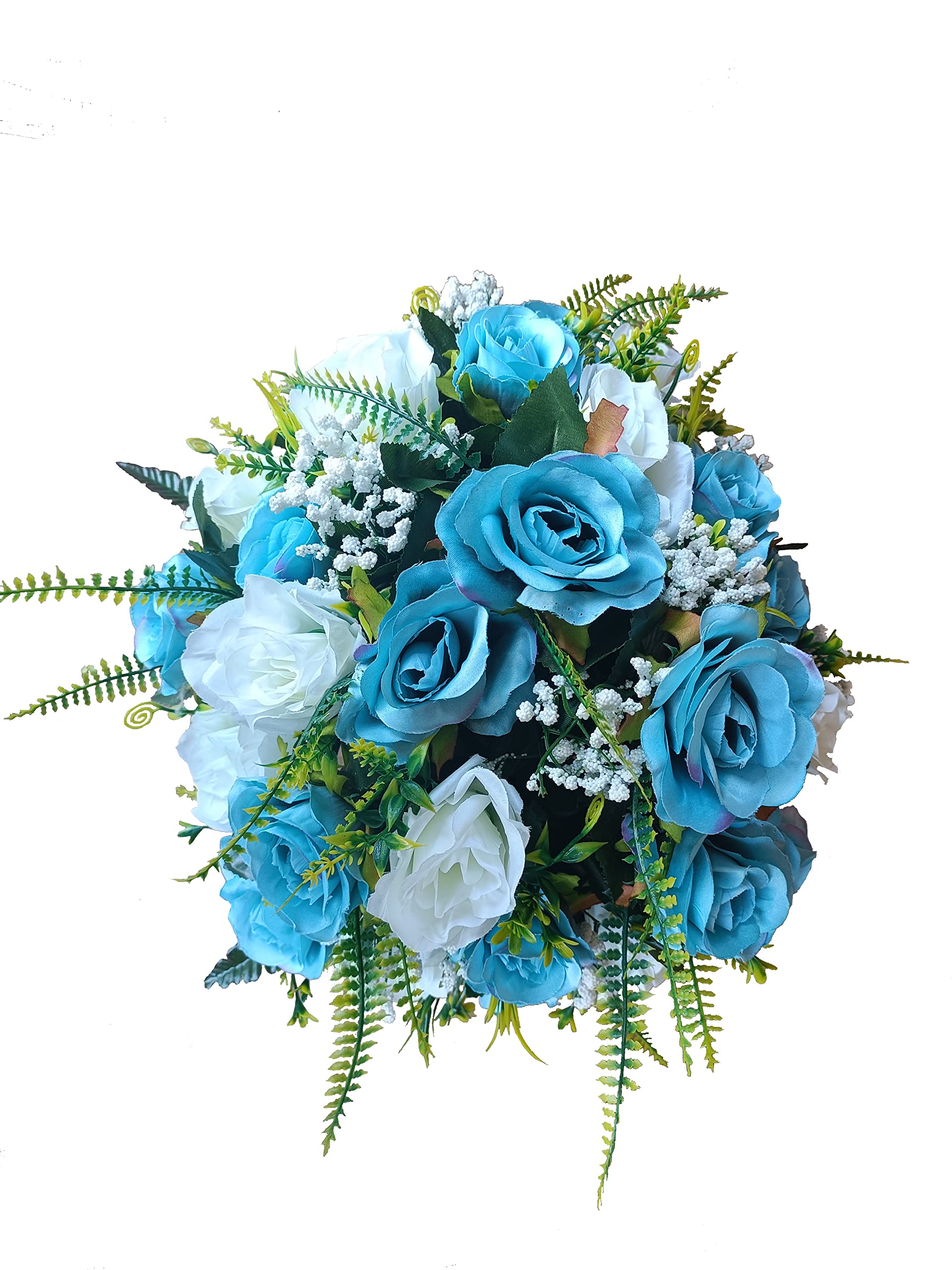DRW Centro de Flores Artificiales Cementerio, Santos, Aniversarios Redondo Rosas Azules y Blancas 40 cm diámetro x 33 cm Alto