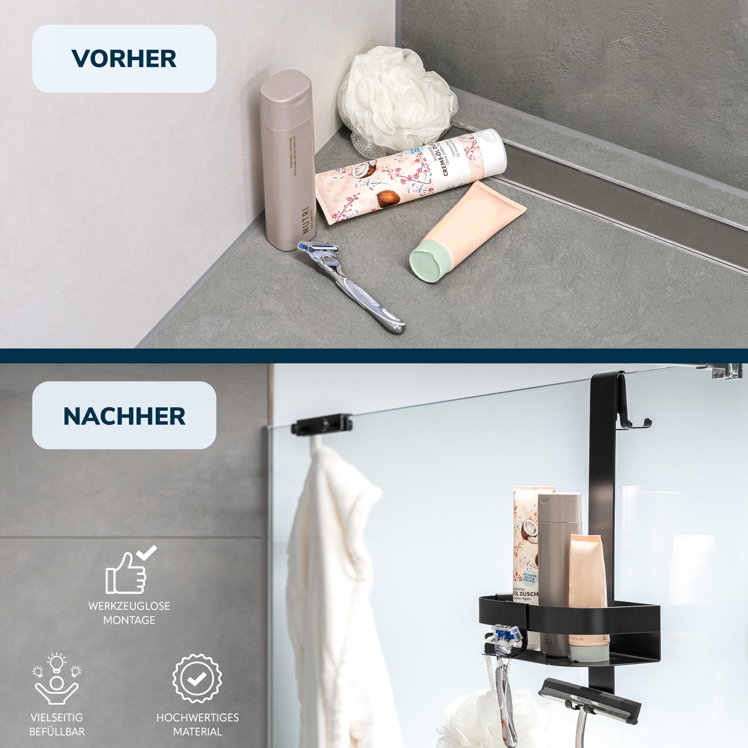 eluno Duschablage für die Glasduschwand, Duschkorb zum Einhängen mit 2 fest integrierten und 2 versetzbaren Haken, perfekter Duschorganizer zur werkzeuglosen Montage (Schwarz)