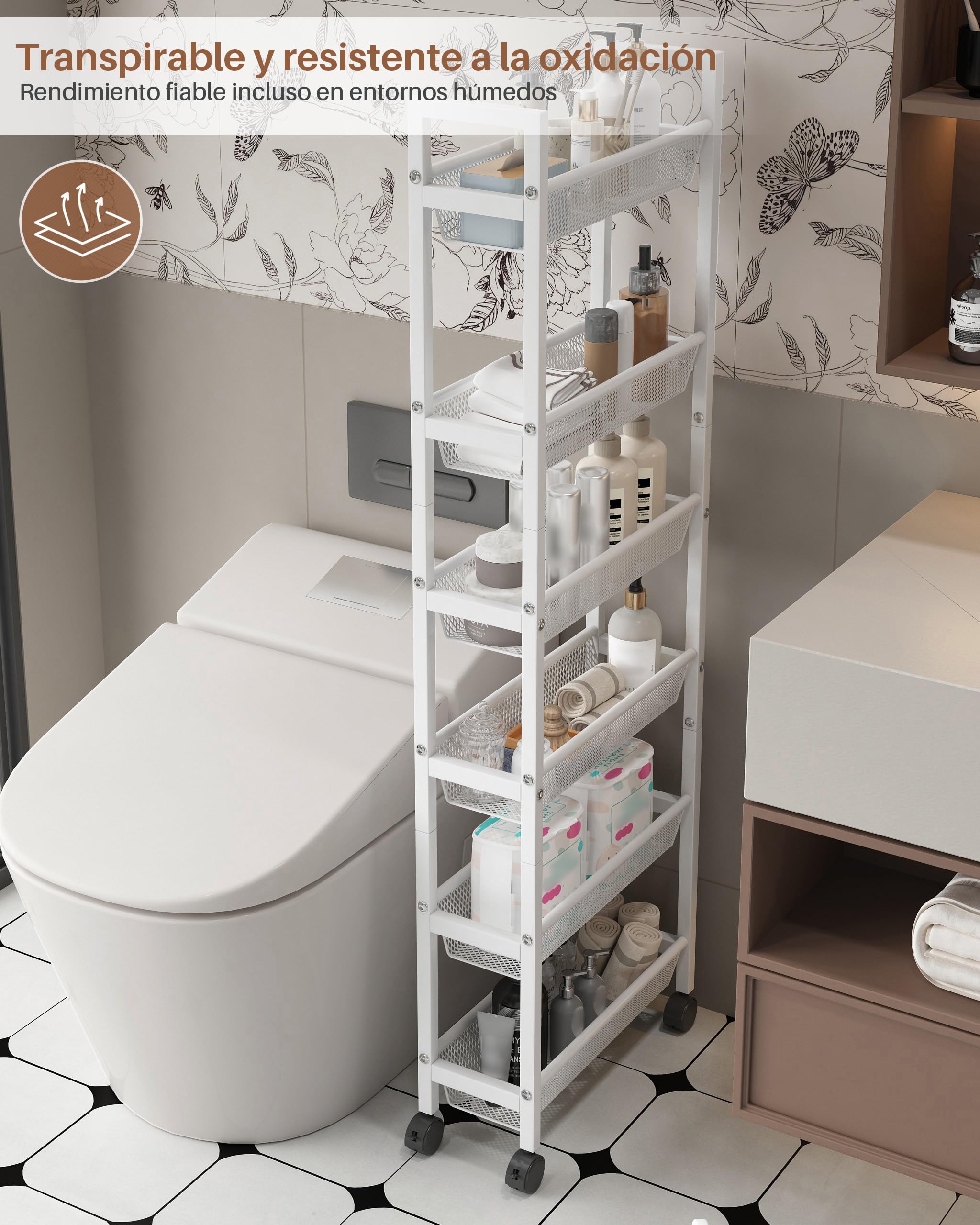 Ccarrito Cocina Estrecho con Ruedas,Carrito de Cocina 15 cm Ancho | 6 Niveles, Metálico, Ahorra Espacio, Blanco, Móviles Carro de Almacenamiento para Espacios Pequeños Baño Lavadero