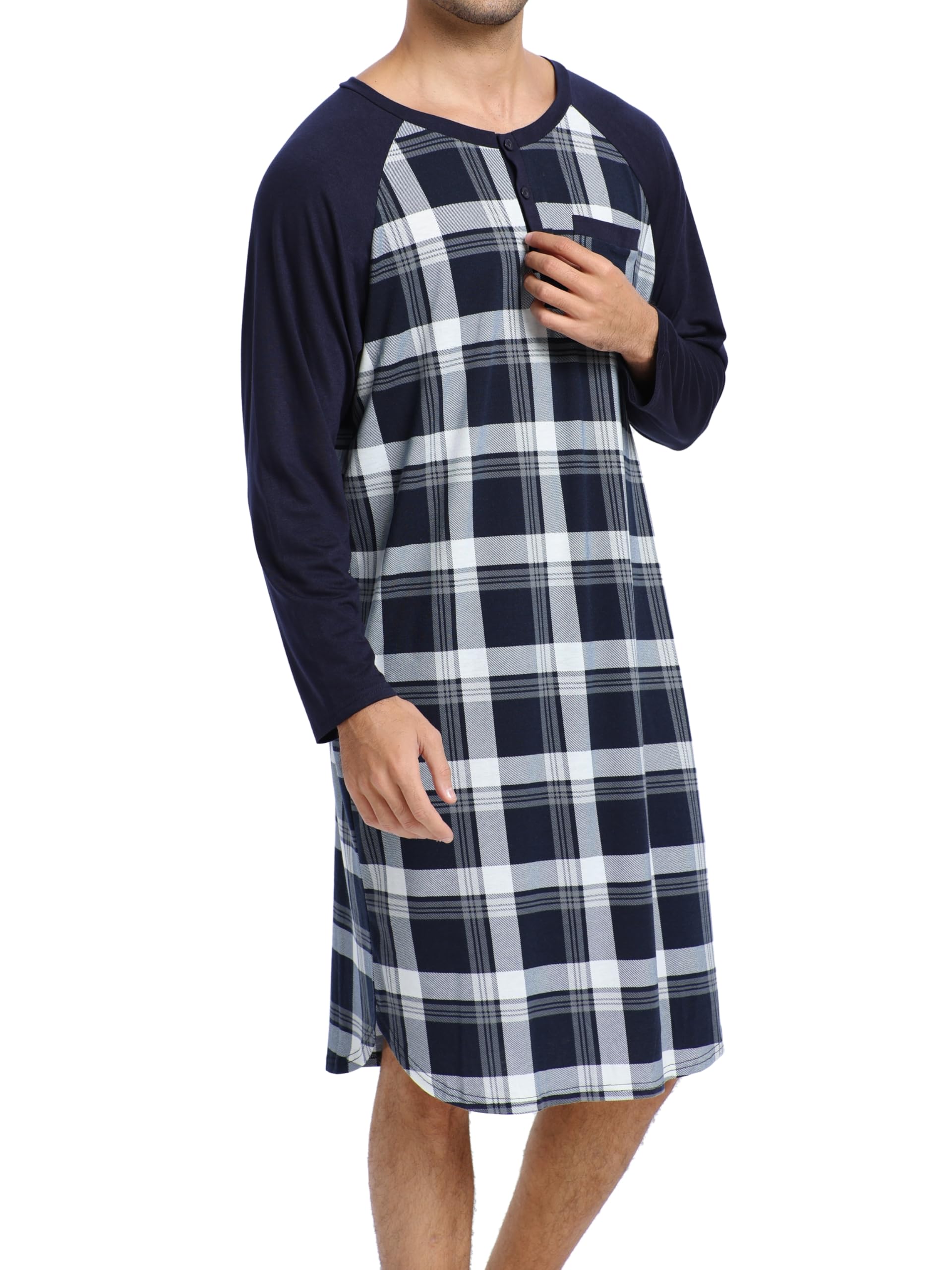 Enjoyoself Camisón Hombre Algodón Camisetas de Pijama Larga Dormir Suave Transpirable Camisa de Noche de Mangas Largas Camison Hospital Ropa de Dormir para Descansar