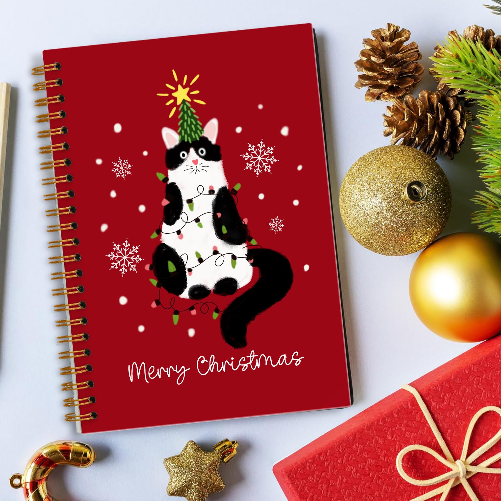 Cuaderno rojo de esmoquin de Navidad, diario de copo de nieve de invierno, diario de regalos para amantes de los gatos, diario de regalo para mujeres y niñas, divertido cuaderno en espiral de