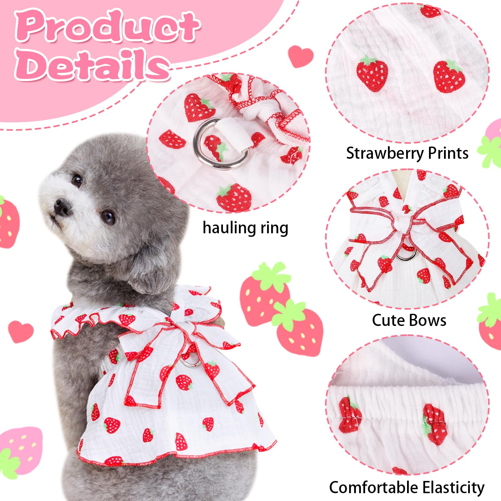 Kunyeah Girl Dog Dresses Pet Strawberries Princess Dress Summer Sleeveless Puppy Clothes Cat Bow Decor Costume with Leash Ring Breathable Vest for Small Medium Pet (White - Image 4