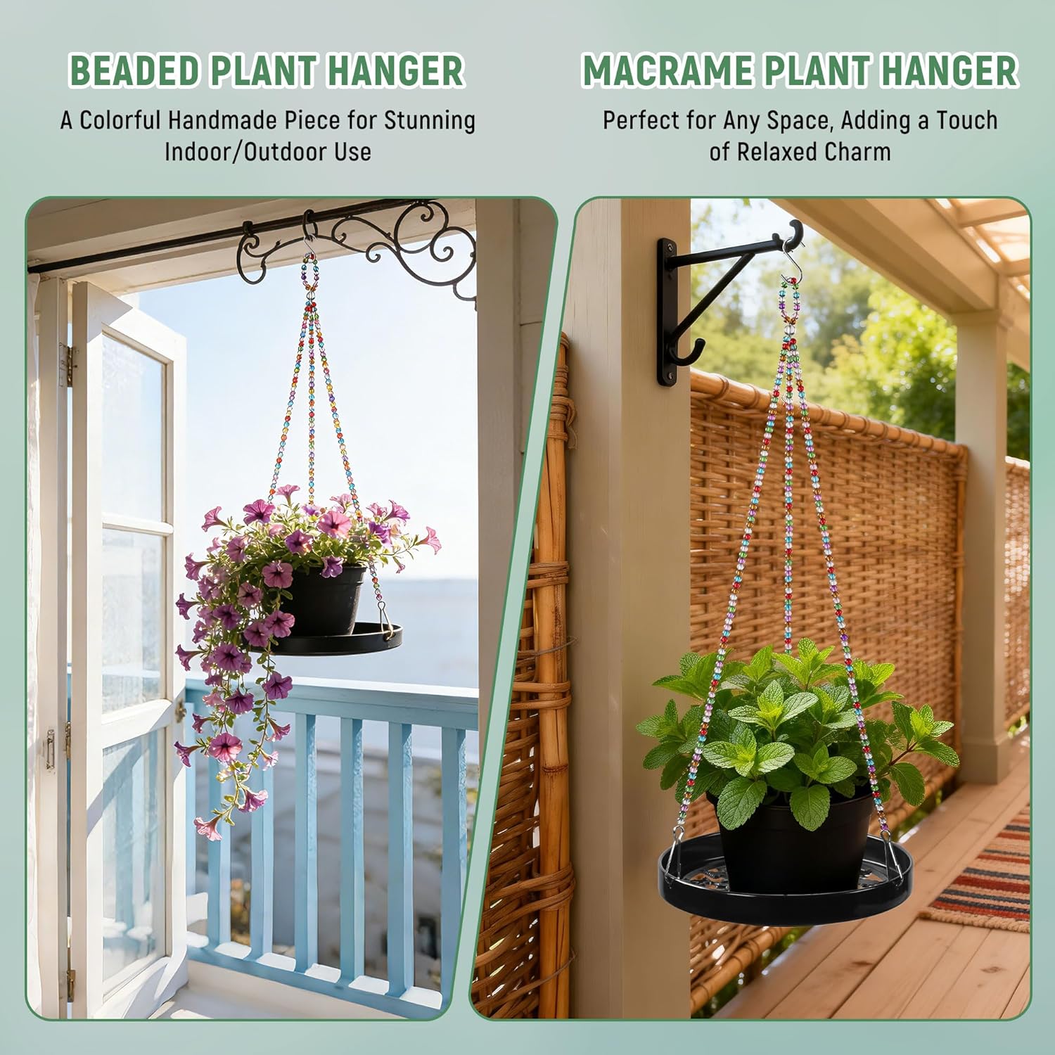 2-Pack Modern Boho Macrame Plant Hanger, 10/11 Inch Metal Hanging Planter Holder for Indoor and Outdoor Home Garden Decor, Black Hanging Plant Shelf for Window, Wall, and Ceiling. (Garden, 10/11)