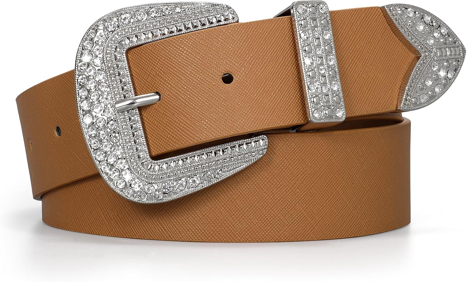 JASGOOD Western Belt for Women and Men Cowgirl Cowboy Leather Belts for Jeans Pants with Rhinestone Silver Buckle