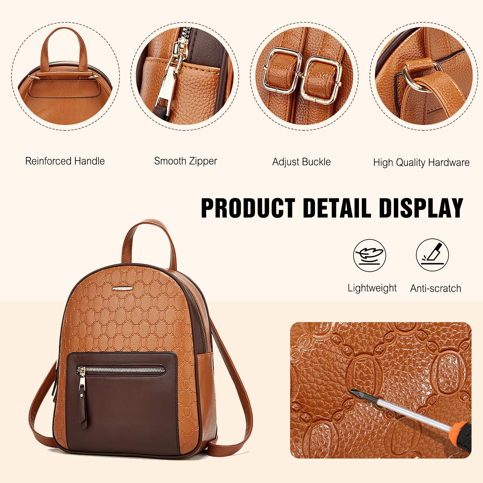 FANDARE 3 Piezas Bolsos Mochila para Mujer Mochilas con Bolsa para las axilas Muñeca Bolso de mano Bandolera Cartera de cuero PU impermeable Bolso de Hombro Bandolera escolar para trabajo viajes