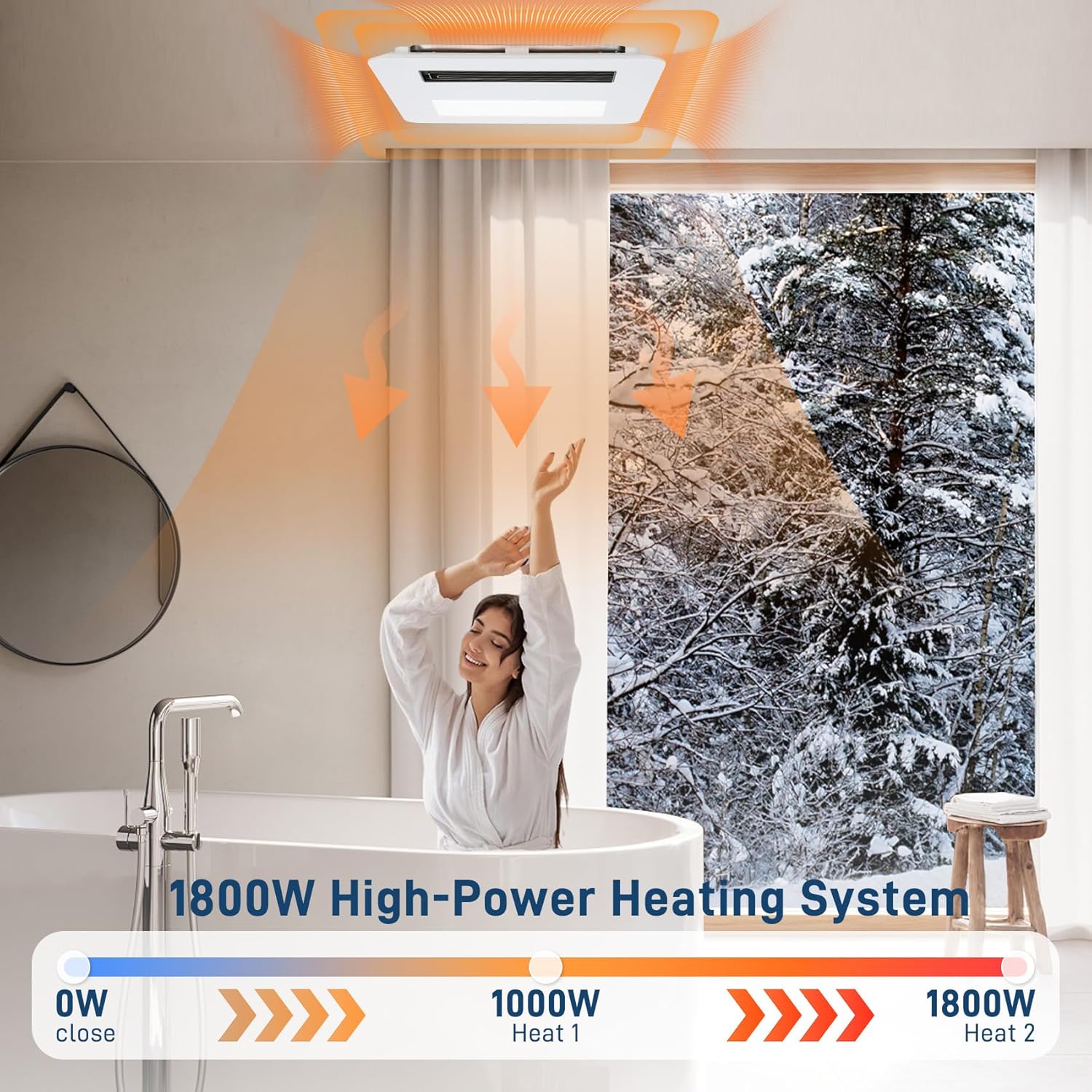 Bathroom Exhaust Fan (with Lighting and Heating) 4-in-1 Ventilation System | 1800W Heating, 190 CFM Airflow, Ultra-Quiet 30 dB | Easy Install, Cutout Size: 11.2 x 11.2 in