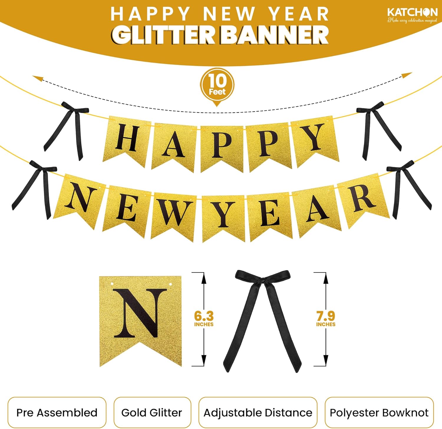 KatchOn, New Years Eve Party Supplies 2026, Pack of 69 | Plates Cups & Napkins Set Serves 16 with Gold Happy New Year Banner | NYE Decorations 2026