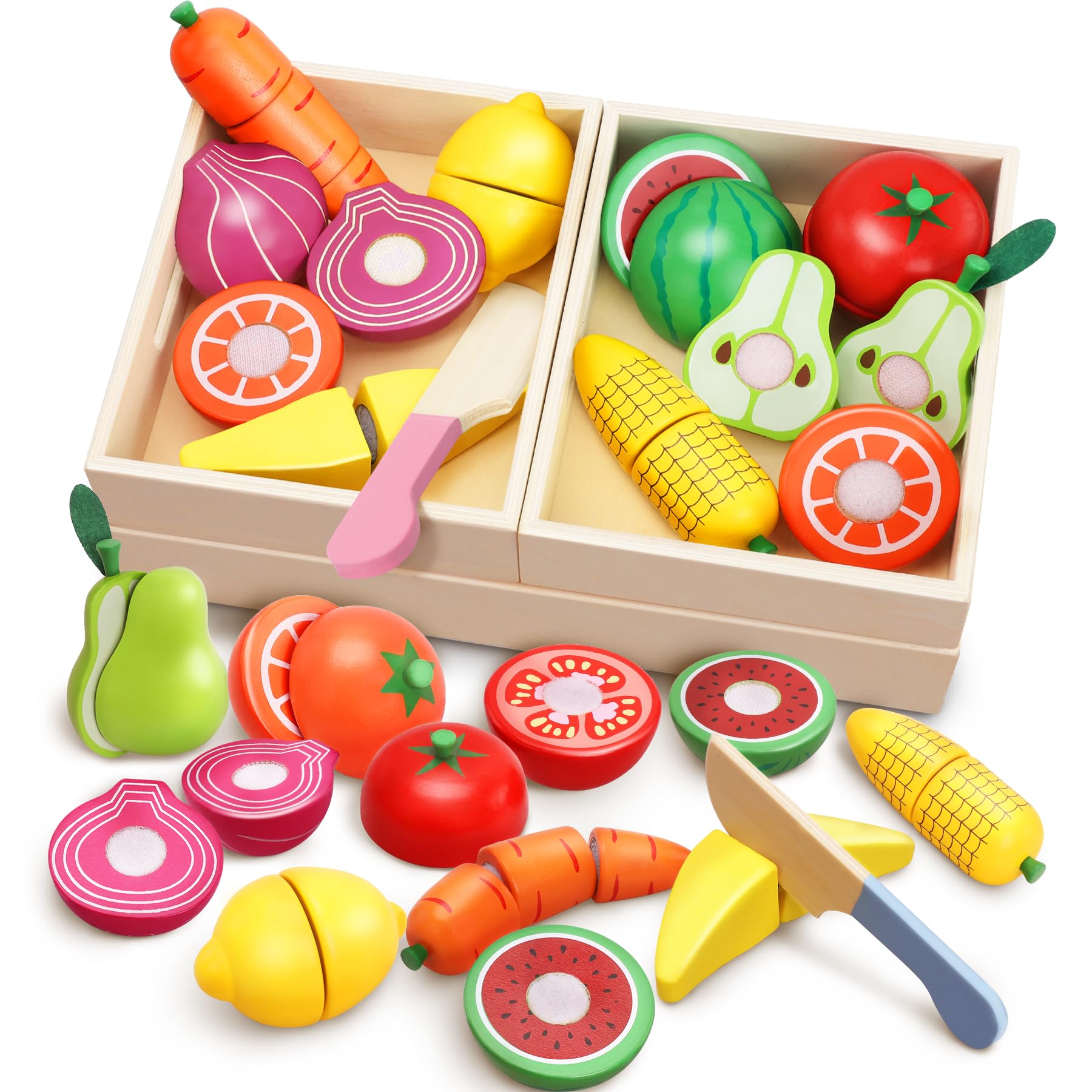 Pourbibi Frutas y Verduras Juguete Madera, Juguetes Niños 2 Años, Juego de rol Frutas y Verduras Juguetes Montessori 2 Años, Juguetes Regalo Niños Niña 2 3 Años, Regalo Niño Niña Cumpleaños Navidad