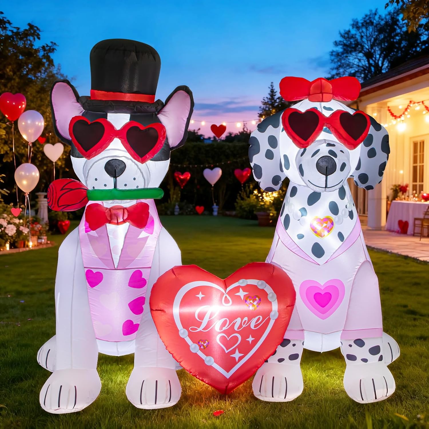 Valentine's Day Inflatable Decorations - 5.2FT LED Light-Up Couple Dogs with Heart & Rose - Blow-Up Outdoor Decor for Romantic Gifts, Anniversaries, Yard,Garden, Balcony