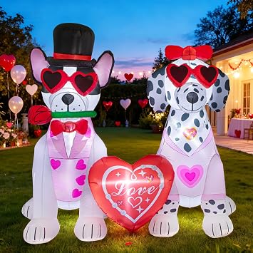 Valentines Day Inflatable Decorations - 5.2FT LED Light-Up Couple Dogs with Heart & Rose - Blow-Up Outdoor Decor for Romantic Gifts, Anniversaries, Yard,Garden, Balcony