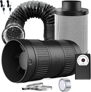 FanGoFast Lüftungsset 100mm Rohrventilator 221m³/h mit Drehzahlregler, Aktivkohlefilter, Abluftschlauch, Aluminiumfolienband und Klemmen – Belüftungssystem für Growzelt Gewächshaus