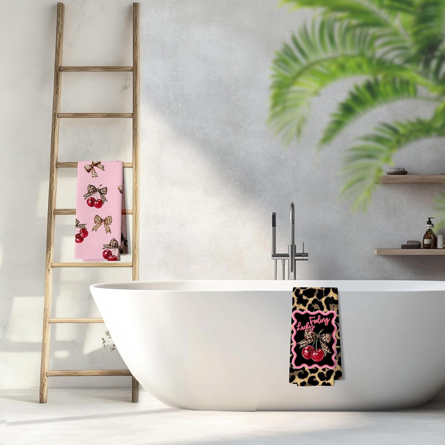 Trendy Cherry Bow Leopard Bathroom Hand Towels, Cherry Bathroom Decor, Coquette Preppy Y2k Cheetah Print Decorative Hand Tea Towels for Bath Room Washroom Restroom, 16x24 Inches Set of 2