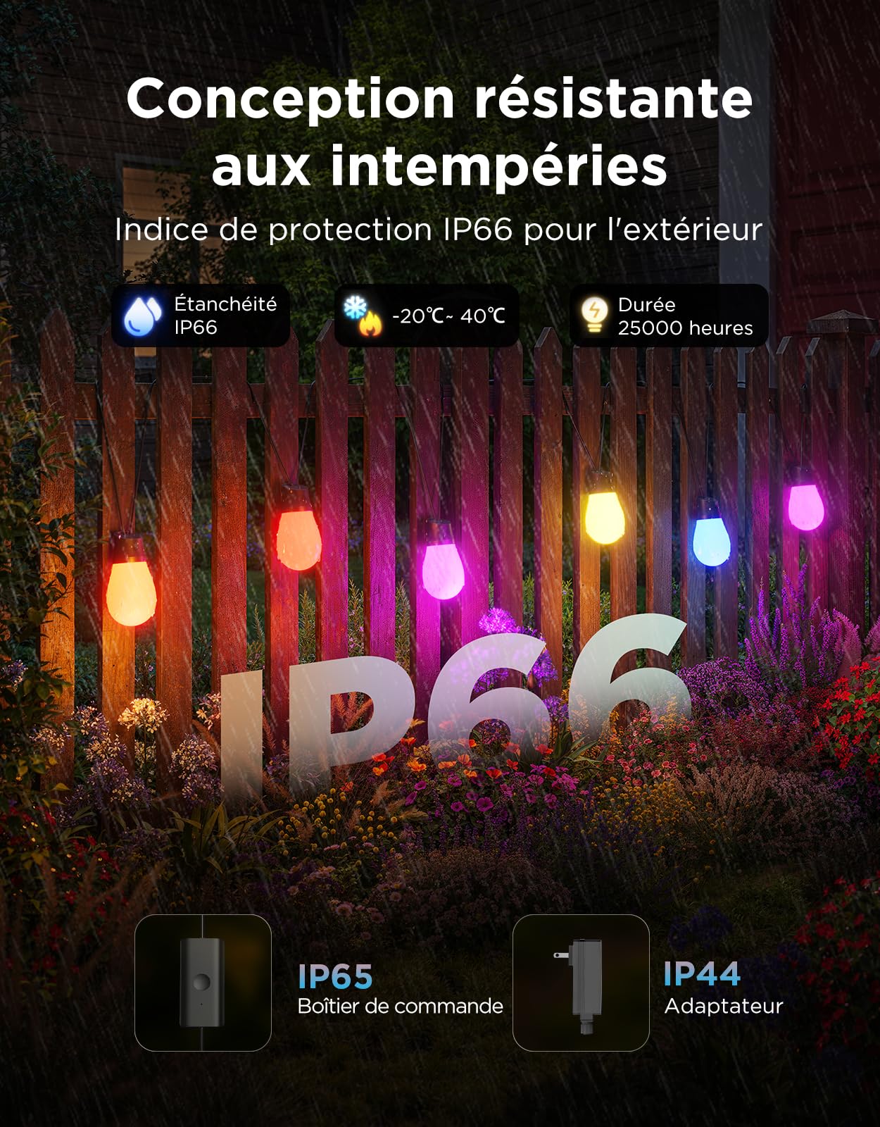 Govee Guirlande Extérieure 15M, RGBICW 65lm par LED, Contrôle APP, IP66 | 16M Couleurs DIY, 111+ Modes de Scène, Synchro Musique, Matter/Alexa/Google, 25000h, Install. Facile, Jardin/Balcon/Terrasse