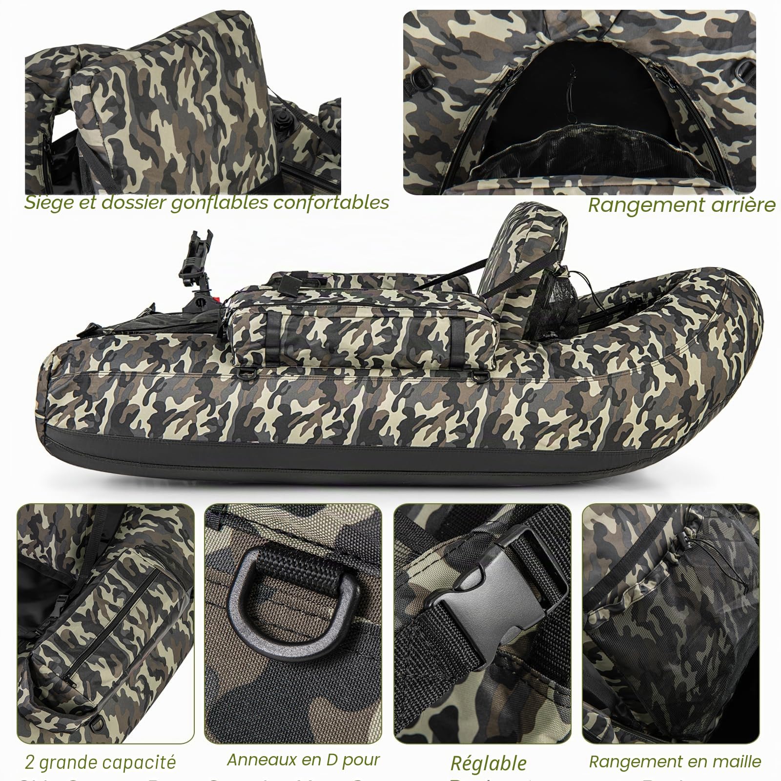 HOMASIS Bateau de Pêche Pneumatique pour Adultes,Bateau Gonflable Simple avec Palmes/Pompe/Pagaie pour gonflage,Canot de pêche avec Réservoir Gonflable pour Pêche Charge 150 kg,Camouflage