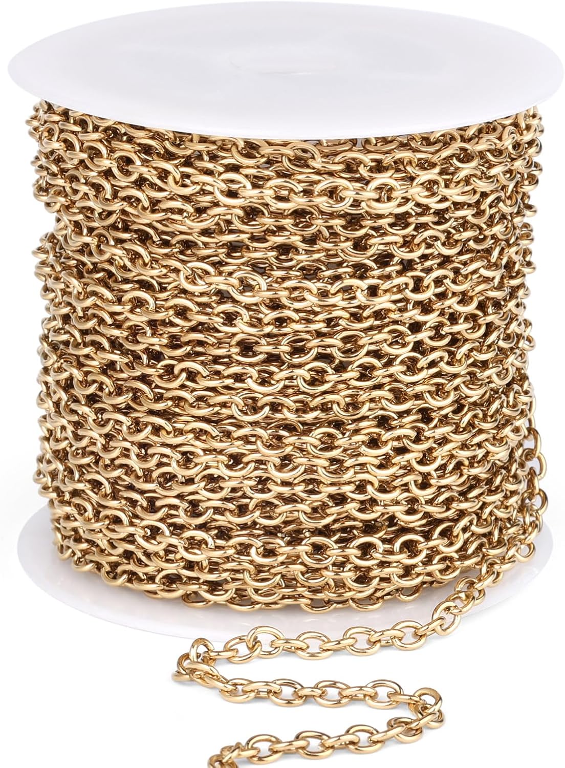 33 FT Gold Rolo Cable Chains Roll, 3mm 18K Gold Plated 304 Stainless Steel Cable O Shaped Link Chain Bulk Spool for Jewelry Making DIY Craft