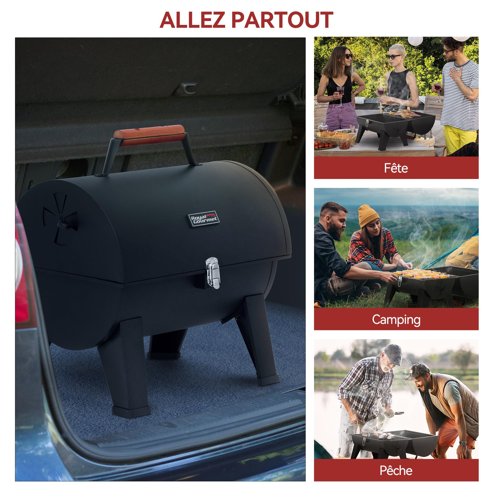 Royal Gourmet Przenośny grill na węgiel drzewny, grill z drutu stalowego na węgiel drzewny emaliowany powierzchnia do pieczenia 44 x 31,8 cm, odpowiedni na kemping i na zewnątrz, czarny
