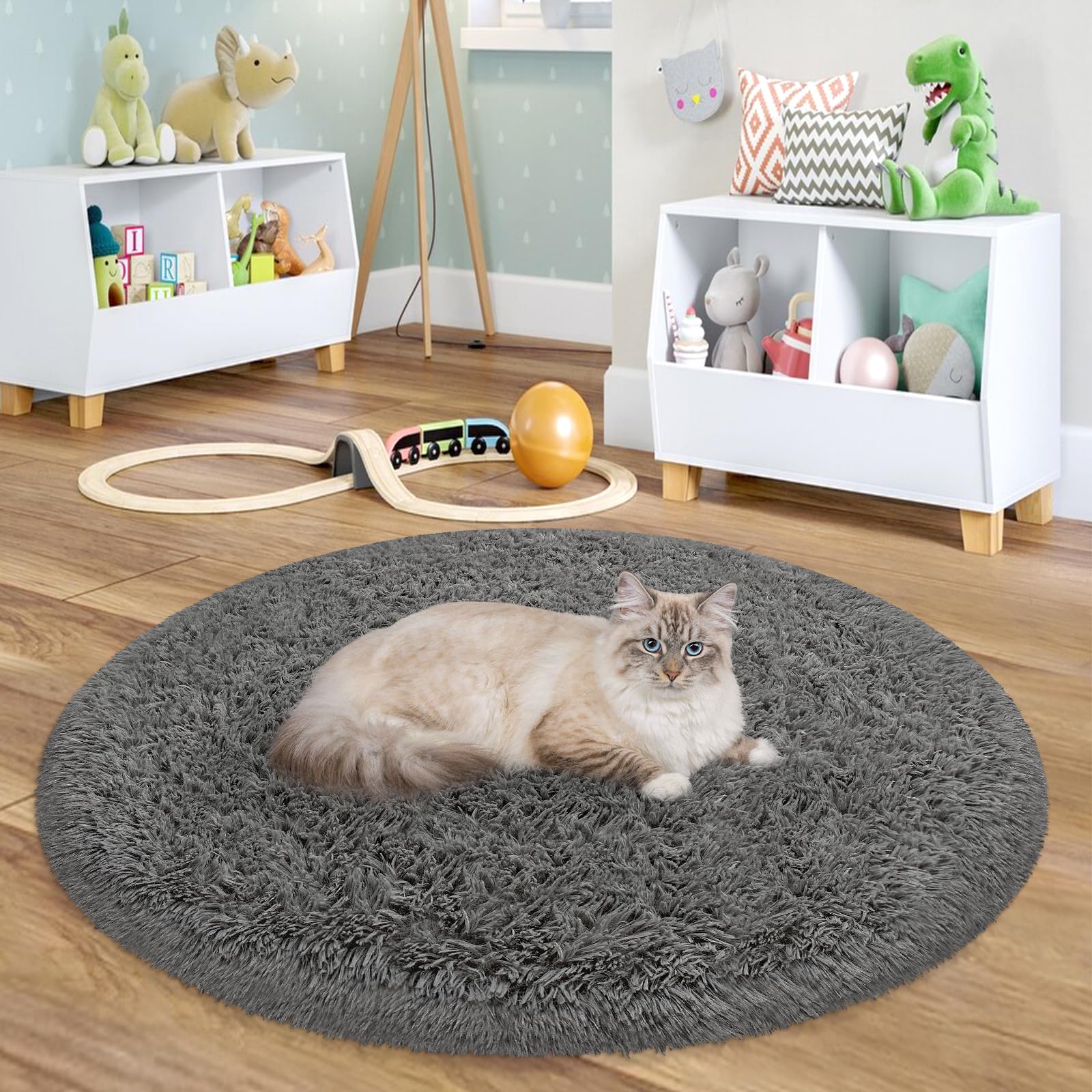 Fixseed Grey Round Rug 3x3 Ft Small Round Fluffy Rugs for Bedroom Shaggy Circle Rug Soft Furry Carpet for Teen's Room Aesthetic Décor Baby Nursery