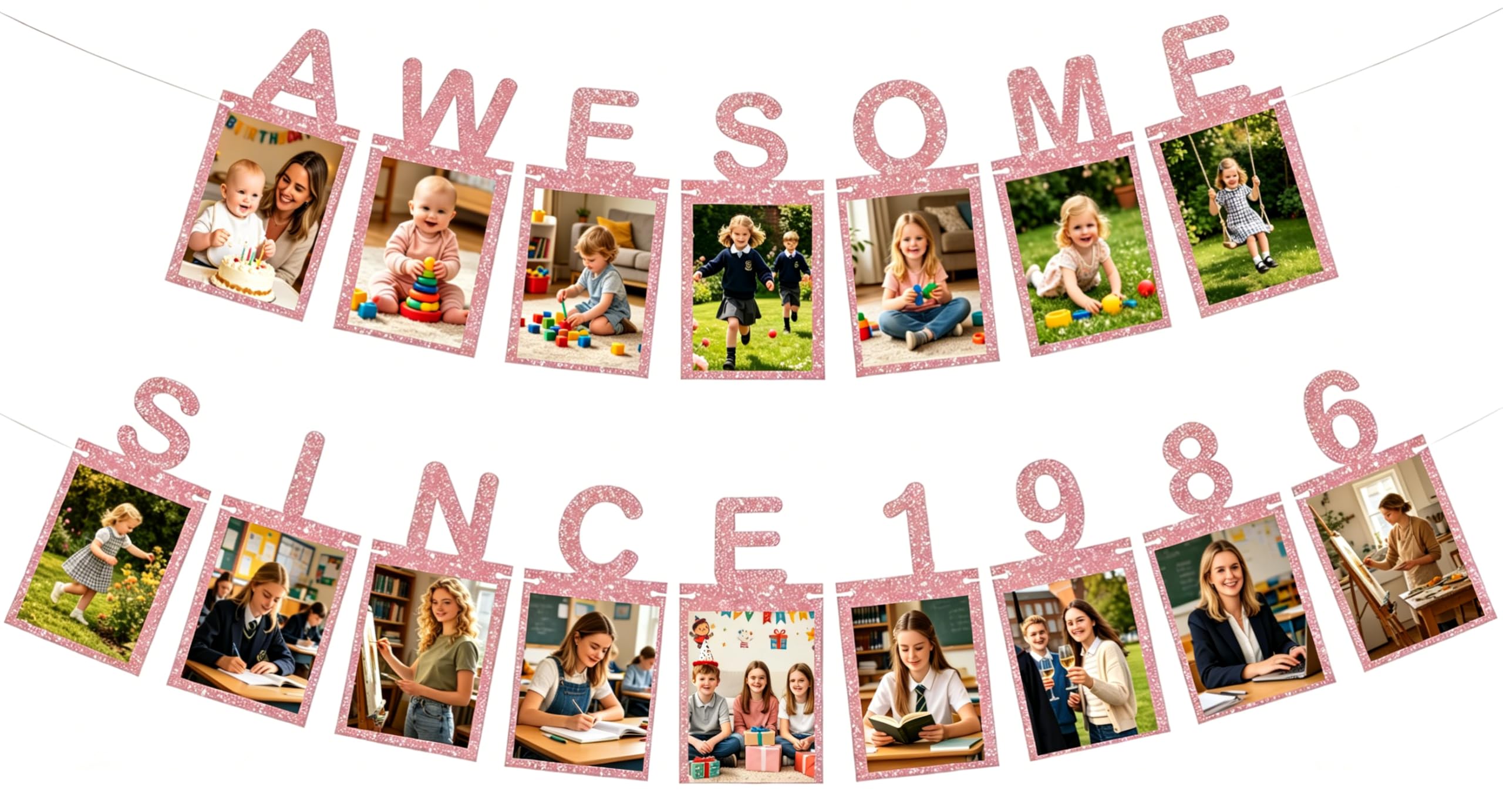 Rose Gold Happy 40th Birthday Decorations Photo Banner - Awesome Since 1986 Anniversary Milestone Bunting