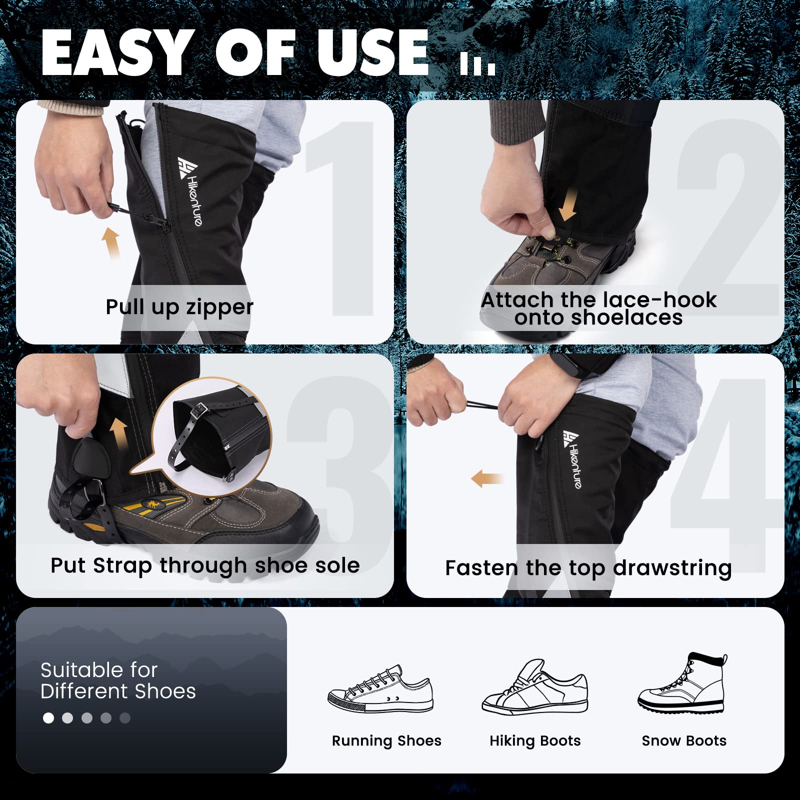 HIKENTURE Gamaschen Wandern Jagd Fahrrad, Gamaschen Herren Damen Wasserdicht, Regengamaschen, Gamaschen Outdoor zum Schutz von Hose&Schuhe vor Schnee/Regen/Insekten, Gaiters Schneewandern, Klettern