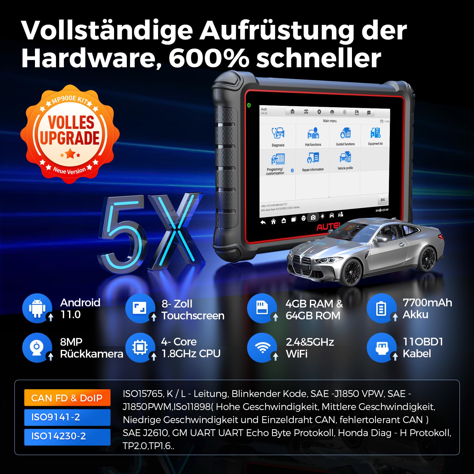 Autel MaxiPRO MP900E KIT OBD2 Diagnosegerät, 2024 Aufstockung von MP808BT KIT/MP808BT Pro/MS906BT w/ 11 Non-OBDII Adapter Kit, DoIP CAN-FD, 40+ Dienst, ECU Kodierung, Bi-Direktionaler Test, FCA SGW