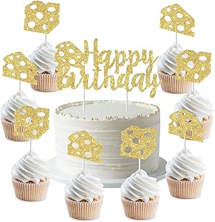 25 Pcs Cheese Birthday Cake & Cupcake Topper Set, Gold Glitter Happy Birthday Cake Topper Decor, Macaroni and Cheese Theme Cupcake Picks for Birthday Party Supplies