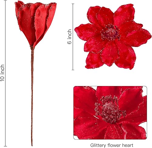 Miniatura 7 de Sggvecsy 10 piezas de flores de Navidad con purpurina para árbol de Navidad, flores de pascua artificiales, de terciopelo, magnolia, tallos florales