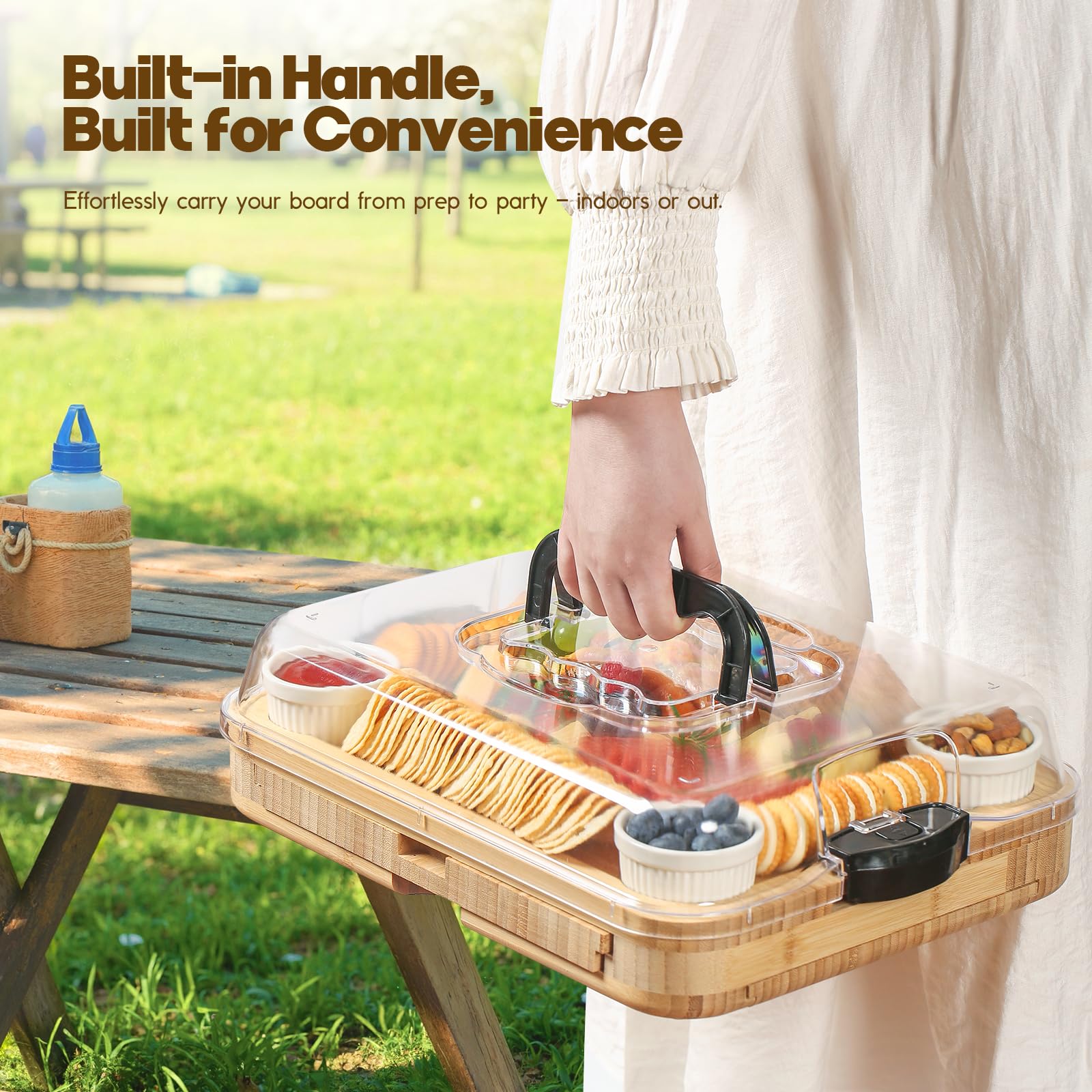 Snack Tray With Lid & Handle, Portable Snackle Box Container Veggie Serving Tray Charcuterie Board Travel Party Picnic Refrigerator Organize Box Vegetable Fr