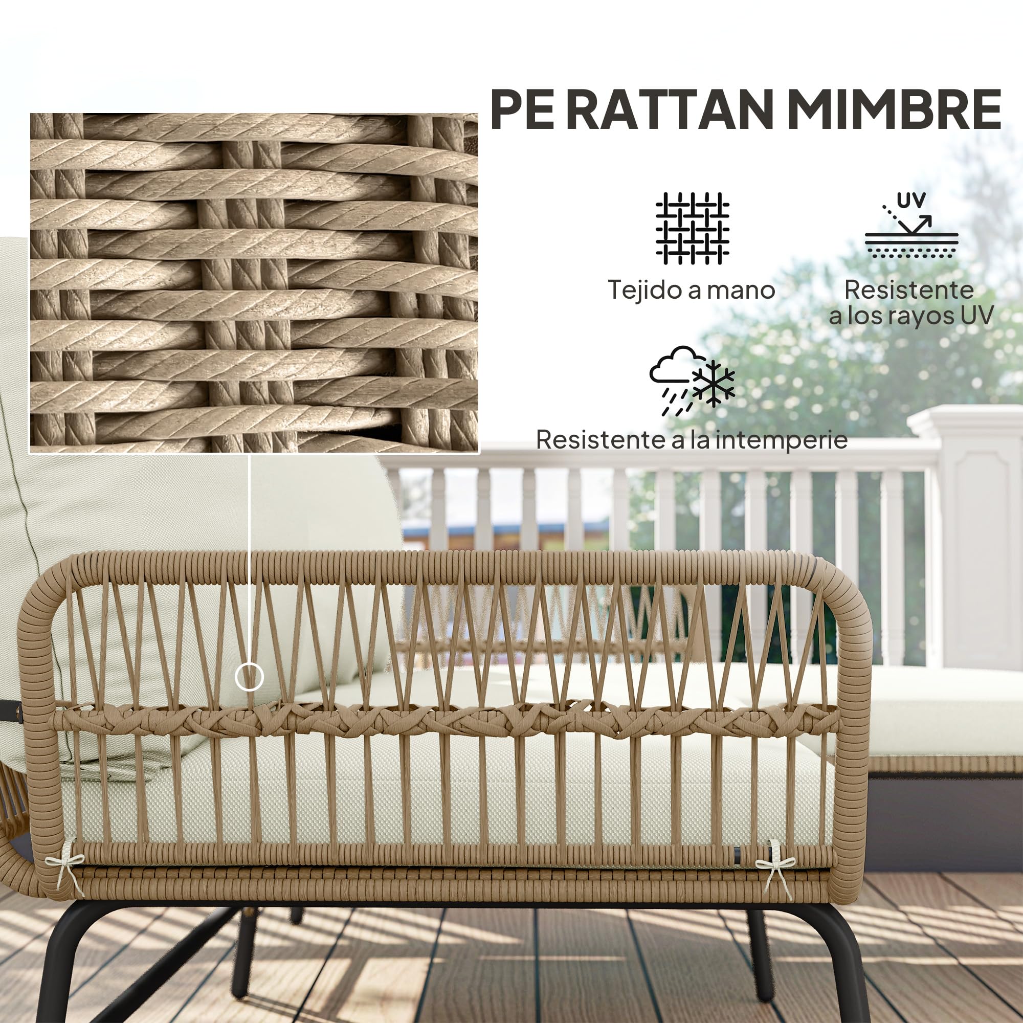 Outsunny Conjunto Jardín Exterior de Ratán con Cojines Conjunto Terraza Resistente a la Intemperie Muebles Jardín Exterior con Sofá de 2 Plazas Chaise Longue y Mesa de Tablero de Vidrio Templado Crema
