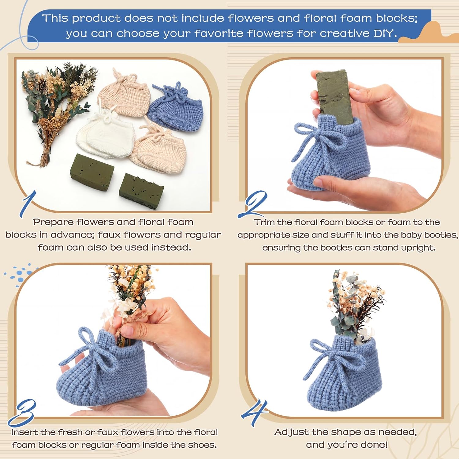 Condition photo showing New/Like New for tranqun 4 sets baby shower booties centerpiece knitted booties to fill with flowers diy boho rustic table decor for flower baby shower gender reveal party craft centerpiece decor (low top,blue) low top blue 4