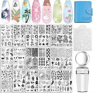 Biutee Nail Stamping Plates Set 15PCS Nail Art Stamper Scraper Nail Art Stamping Kit with Storage Bag Gift Box Nail Stamp Template Kit Lace Flower Butterfly Star Holiday Design