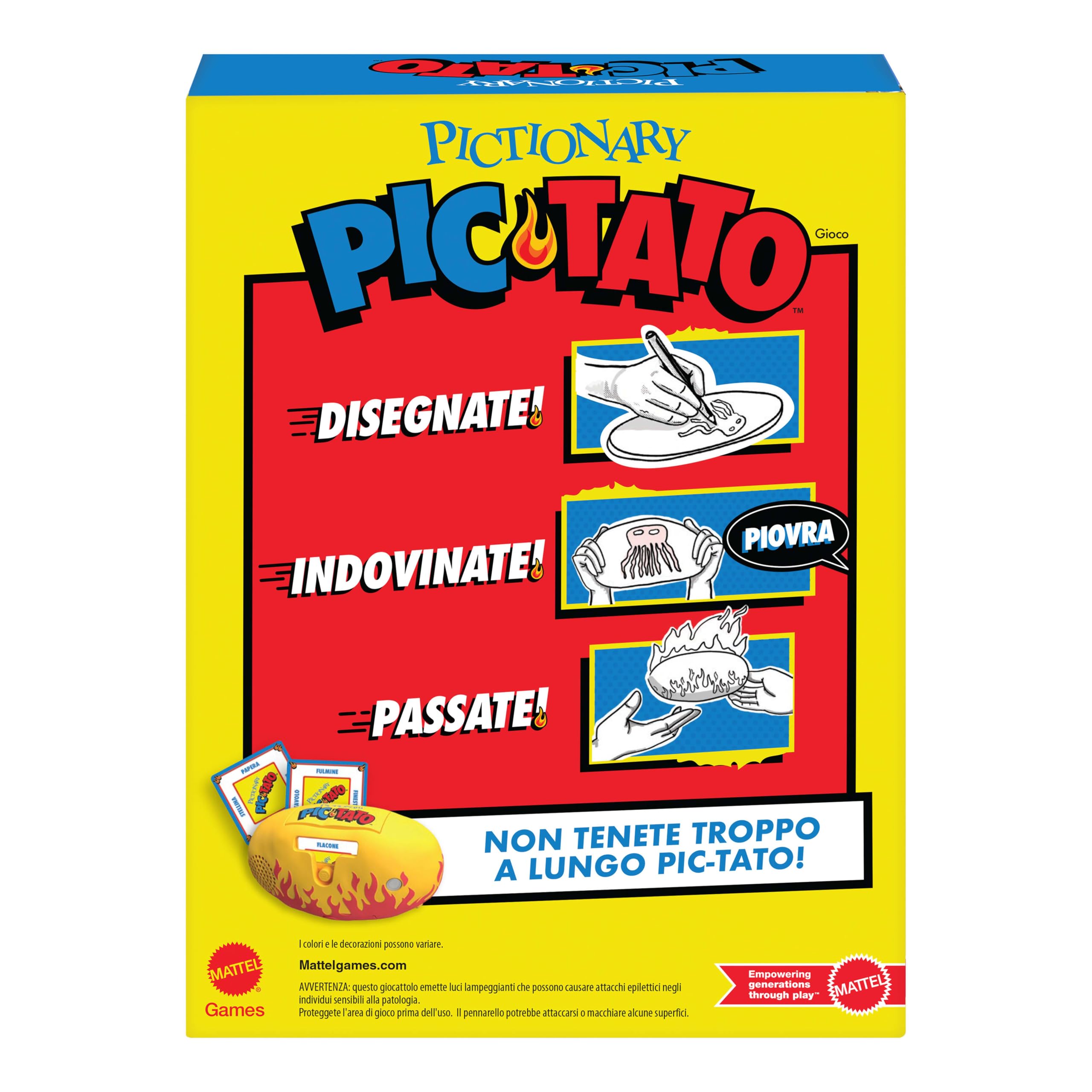 Mattel Games - Pictionary PIC-Tato, Gioco della Patata bollente con indizi in Italiano, pennarelli cancellabili e lavagne​​​​, Parla e riproduce Musica, Giocattolo per Bambini, 8+ Anni, JHC61