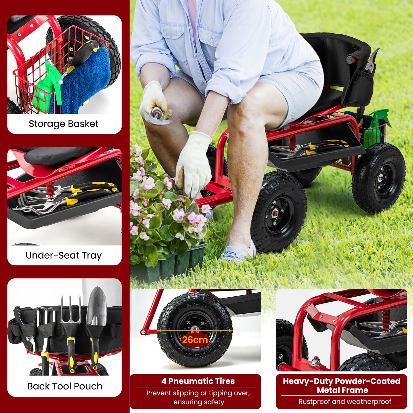 SOARS Rollsitz für Gartenarbeit, Gartensitz 360°drehbar, 60-69cm höhenverstellbar, Gartenwagen mit ausziehbarem Griff, Ablage & Korb, Arbeitssitz 135kg belastbar für Gartenarbeit & Autopflege