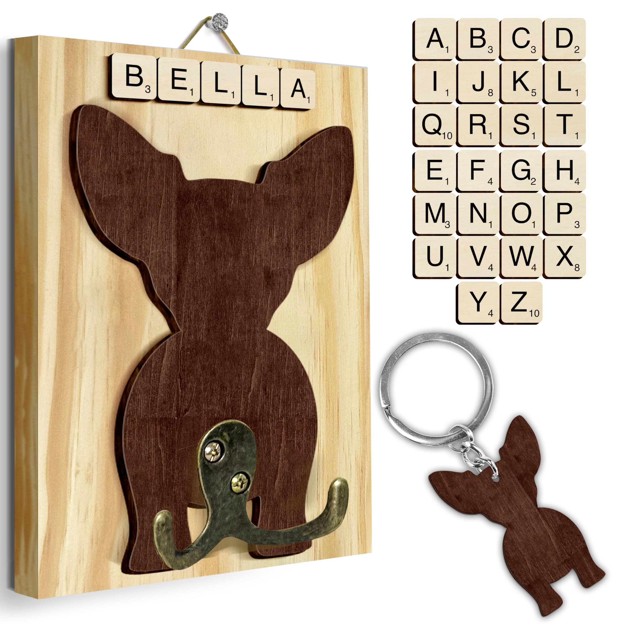 Chihuahua Dog Leash Holder Wall Mount with Scrabble Letters, Wooden Dog Wall Hook Organizer, Pet Collar and Harness Holder for Entryway, Key Hook and Leash Rack, Pet Lovers Gift Home Decor PF297-25