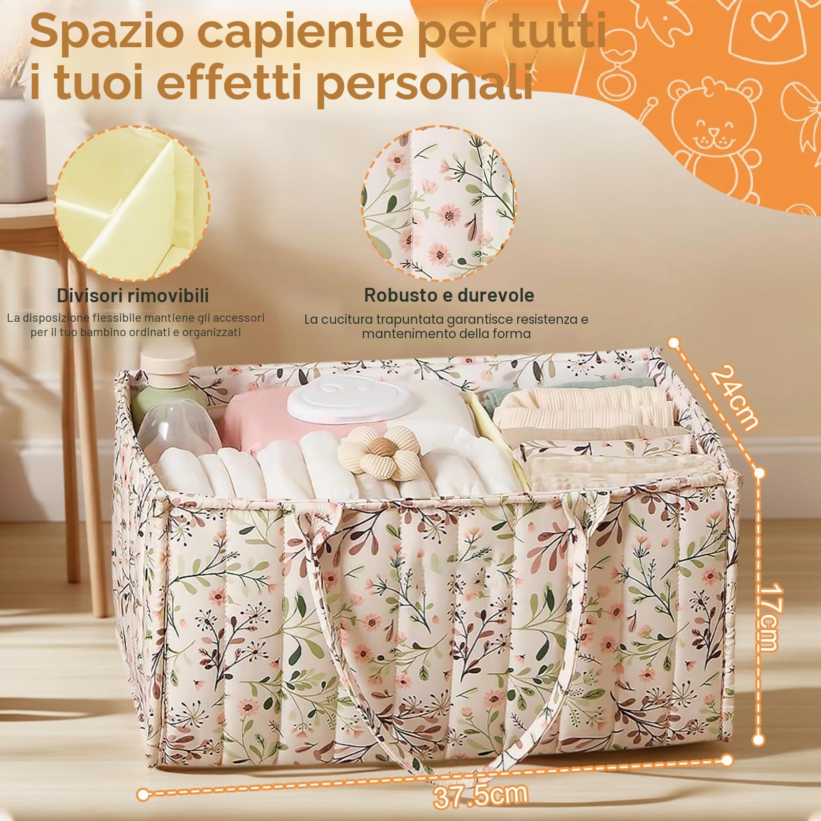 Organizer Pannolini Neonato, Cestino Porta Pannolini con Scomparti Rimovibili, Basket Bambino per Pannolinie salviette, Borsa Cambio Neonato, Cesta Porta Oggetti per Prodotti del Neonati