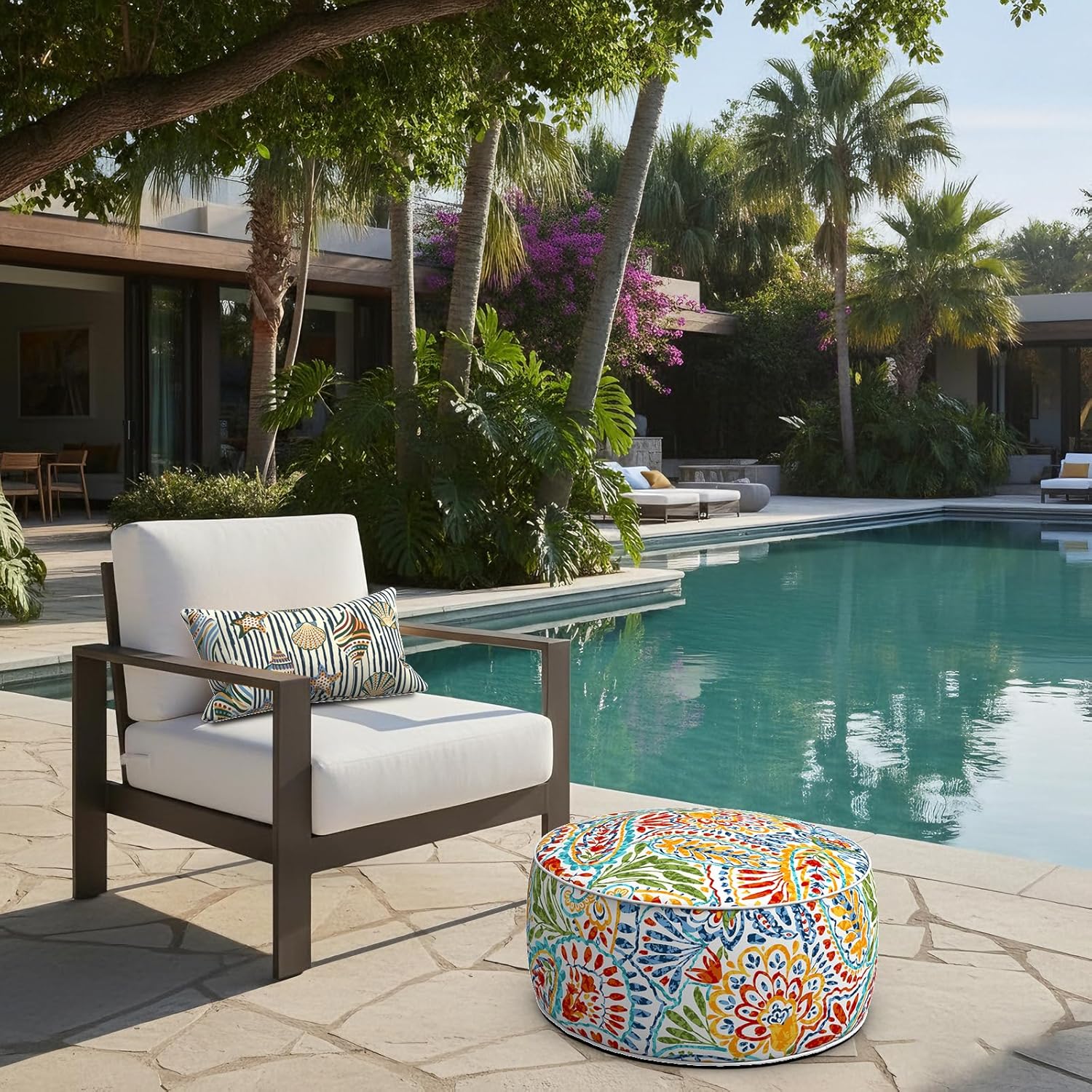 LVTXIII Indoor/Outdoor Inflatable Ottoman with Handle D21 x H9 Inch, Weather-Resistant Round Footstool Pouf for Patio Camping Living Room, Portable Footrest Extra Seating, Paisley Ummi Multi