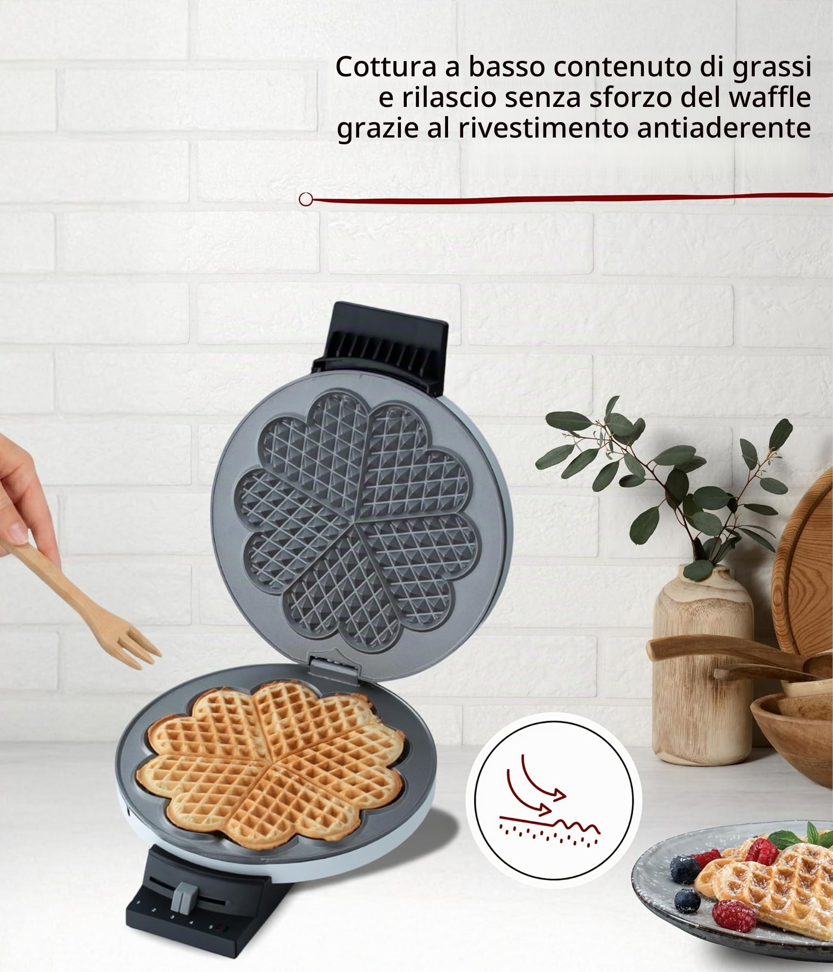 Cloer 120 Piastra per Waffle, per la classica cialda a forma di cuore in dimensione XXL, dimensione di cialda 19,5 cm, 1200 W, spia di cottura, corpo in metallo verniciato bianco