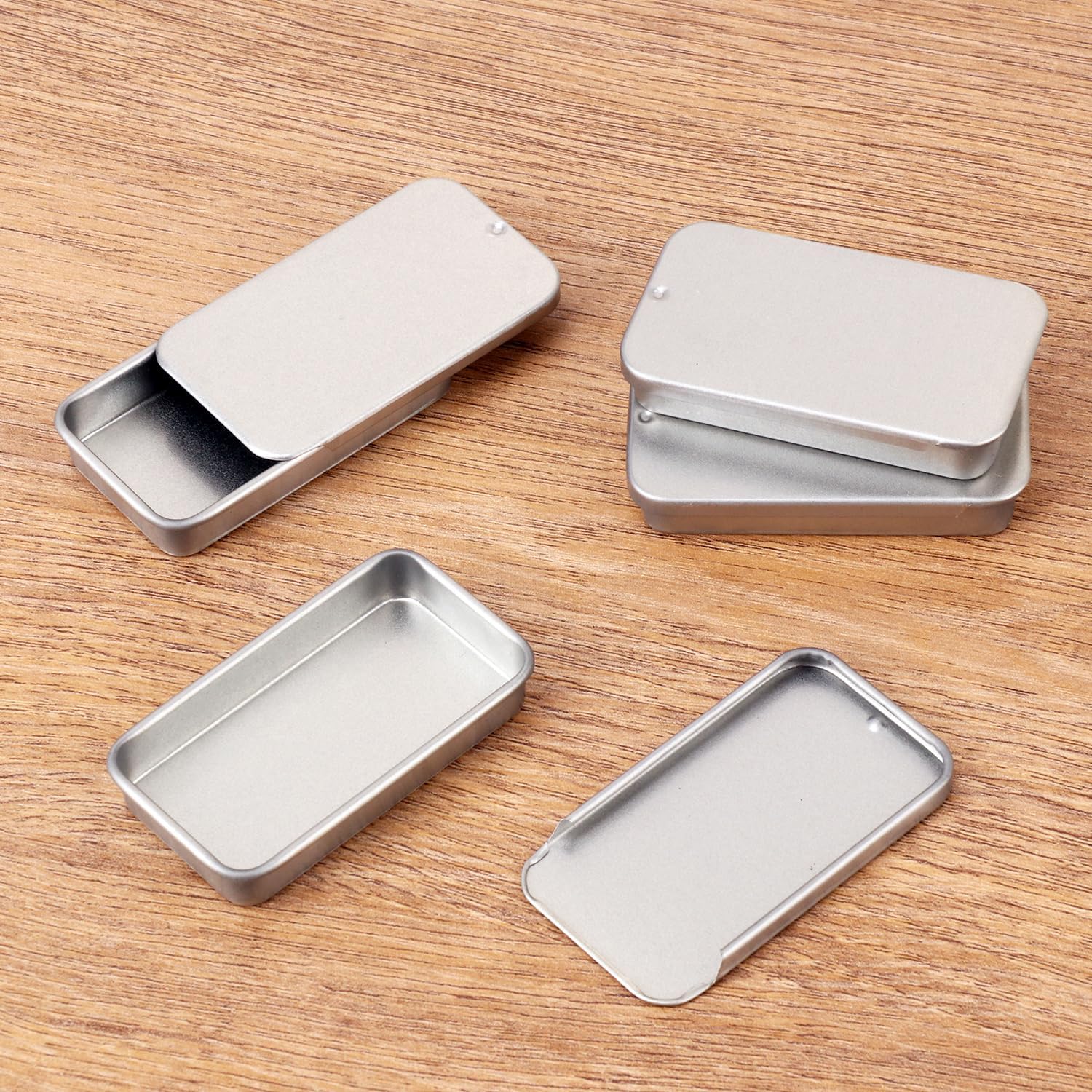 Biugaaufai 60 Pack Silver Mini Rectangular Metal Tins Boxes with Sliding lids, Small Empty Slide Top Metal Tin, Lip Balm Slide Tins with Lid for Crafts, Jewelry, Candies (2.36 x 1.34 x 0.43 Inch)
