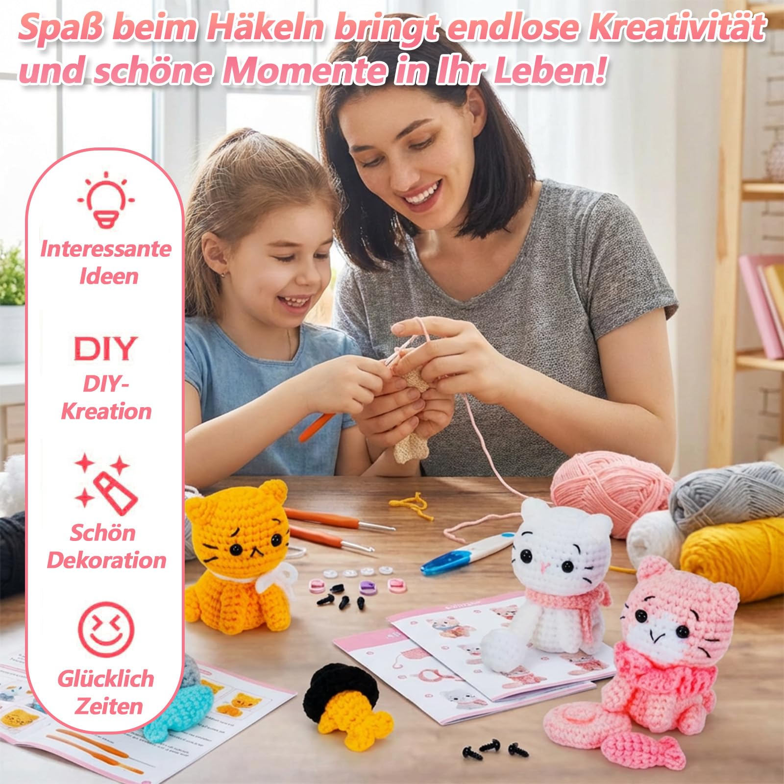 Cioquli Häkelset für Anfänger, 4 Stück Häkelset Tiere mit Häkelnadeln, Werkzeugen und Schritt für Schritt Video, Häkel Zubehör, DIY Stricken Set für Anfänger, Erwachsene, Häkelliebhaber Geschenk