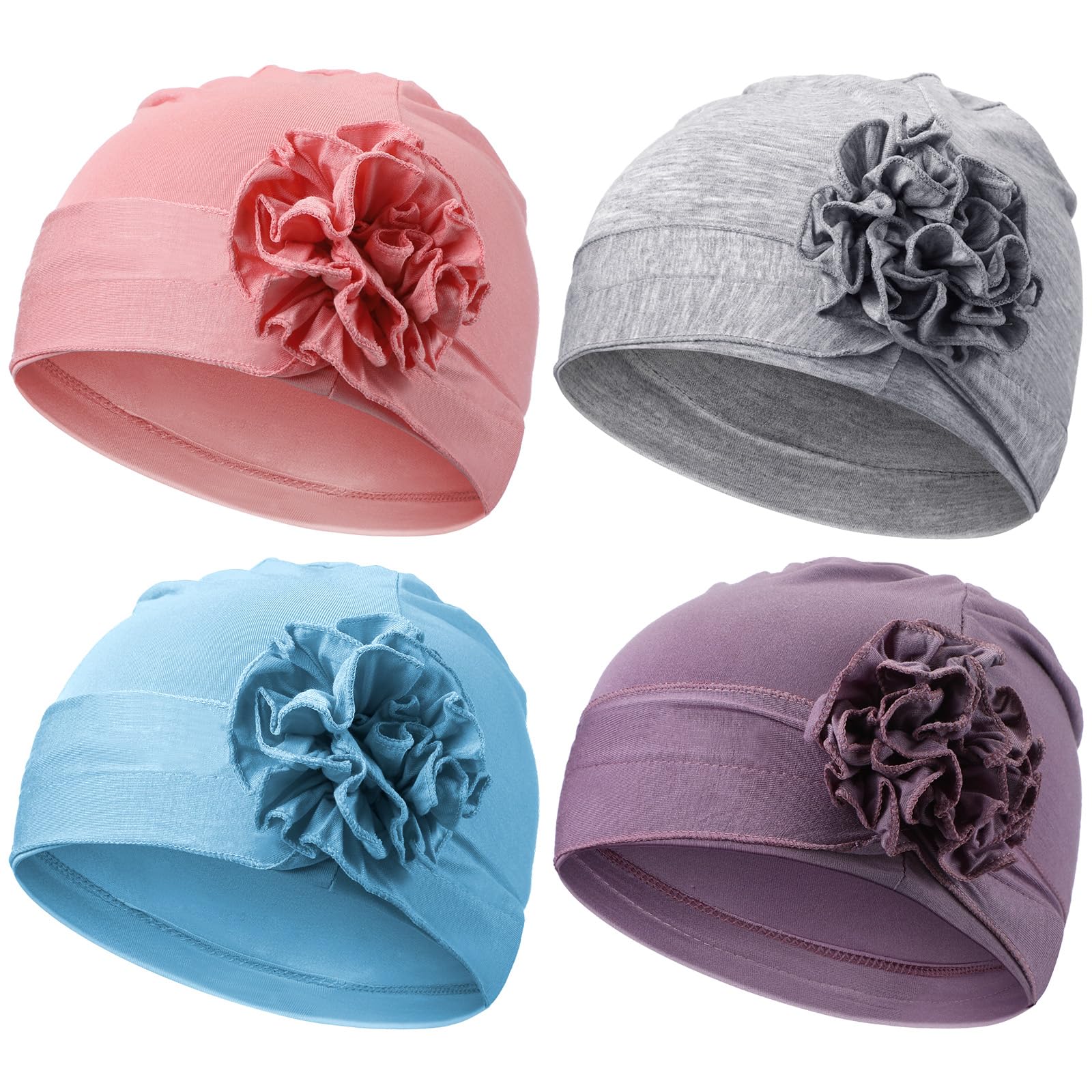 Geyoga 4 Pcs Chemo Turban Headwear for Women Soft Slouchy Cancer Headwear Elastic Sleep Cap with Flower Design