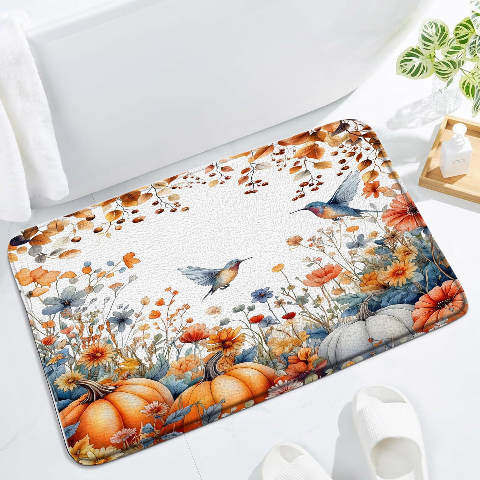 Fall Pumpkin Bath Mat Thanksgiving Watercolor Orange Blue Leaves Floral Hummingbird Autumn Maple Leaf Harvest Farmhouse Seasonal Nature