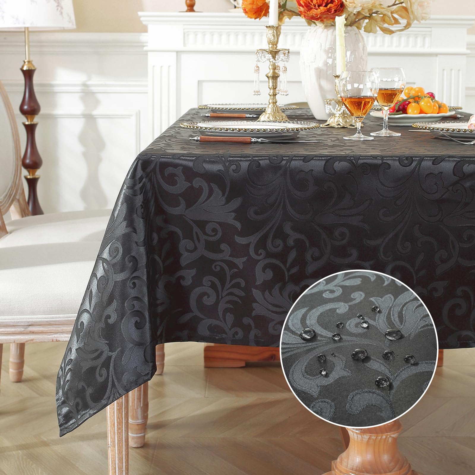 Nappe de fête et salle à manger meioro rectangulaire fleurie noire