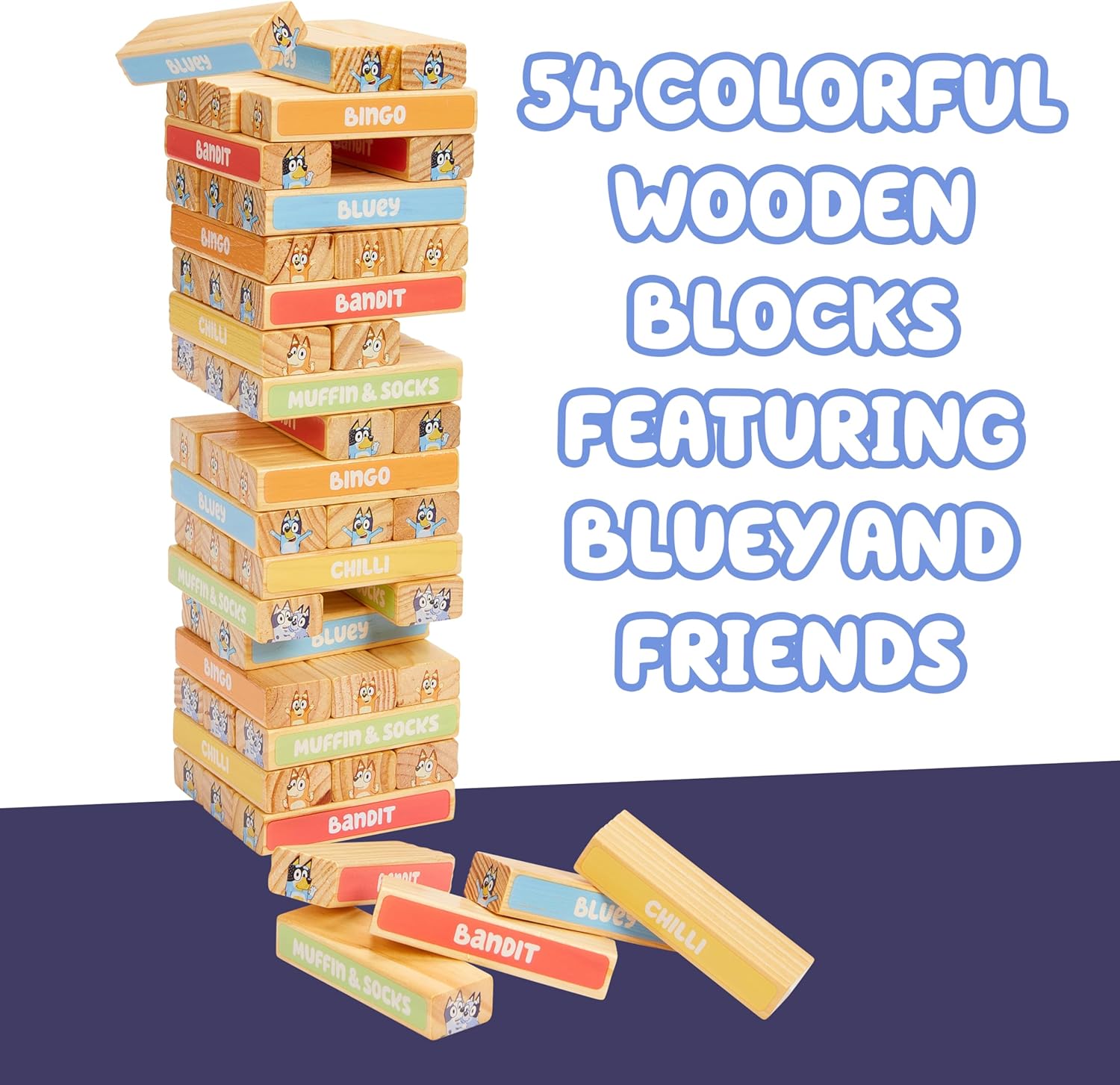 Bluey 8th Wonder Stackable Tumbling Tower Game, Robust Wooden Stacking Game with 54 Illustrated Colored Blocks, Fun Balancing Toy for Kids Ages 3+