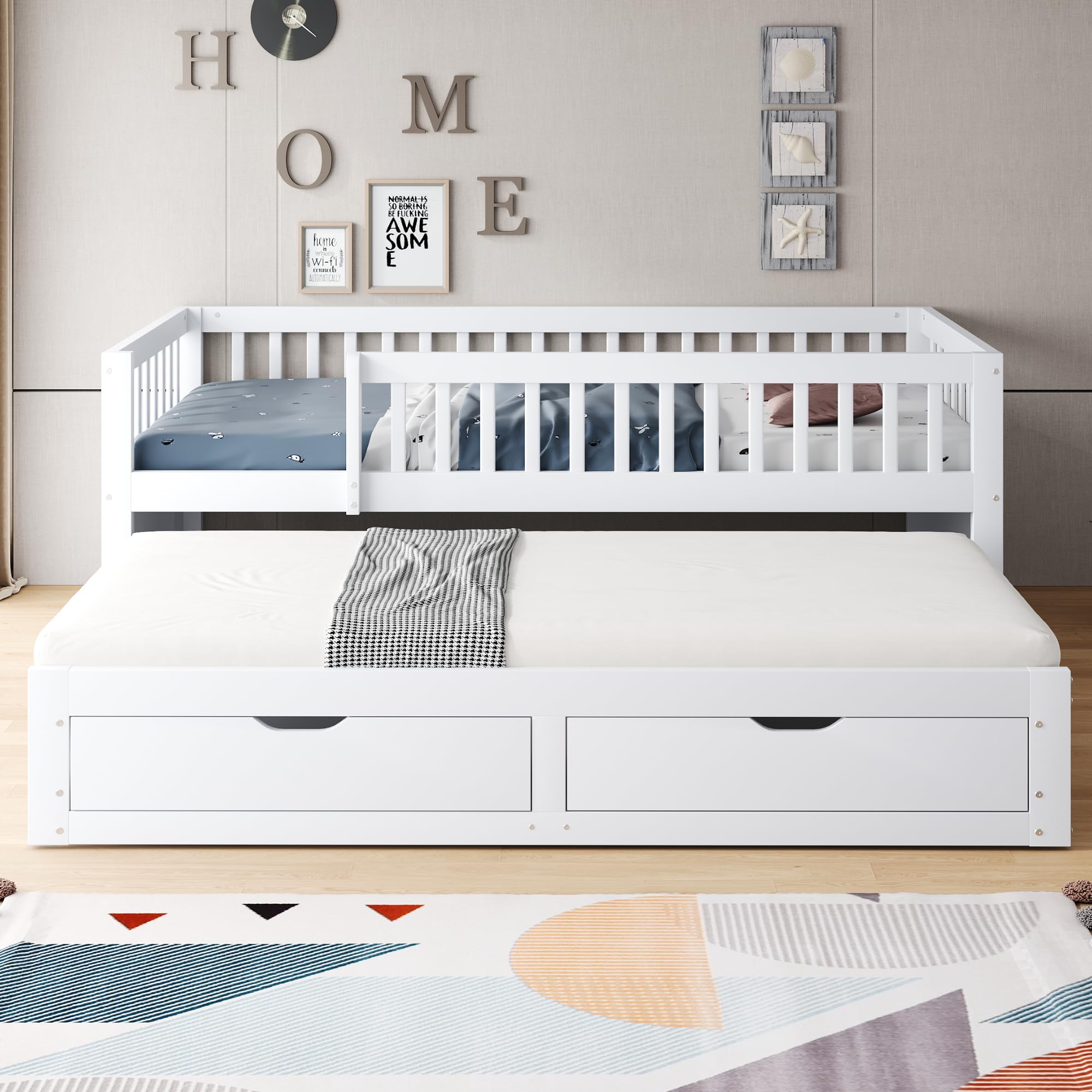 Dolamaní Kinderbett 90x200 cm mit Ausziehbares Bett, Bodenbett mit 2 Schubladen Darunter, Ausziehbett mit Lattenrost, Gästebett Jugendzimmer Kojenbett ohne Matratze (Weiß)