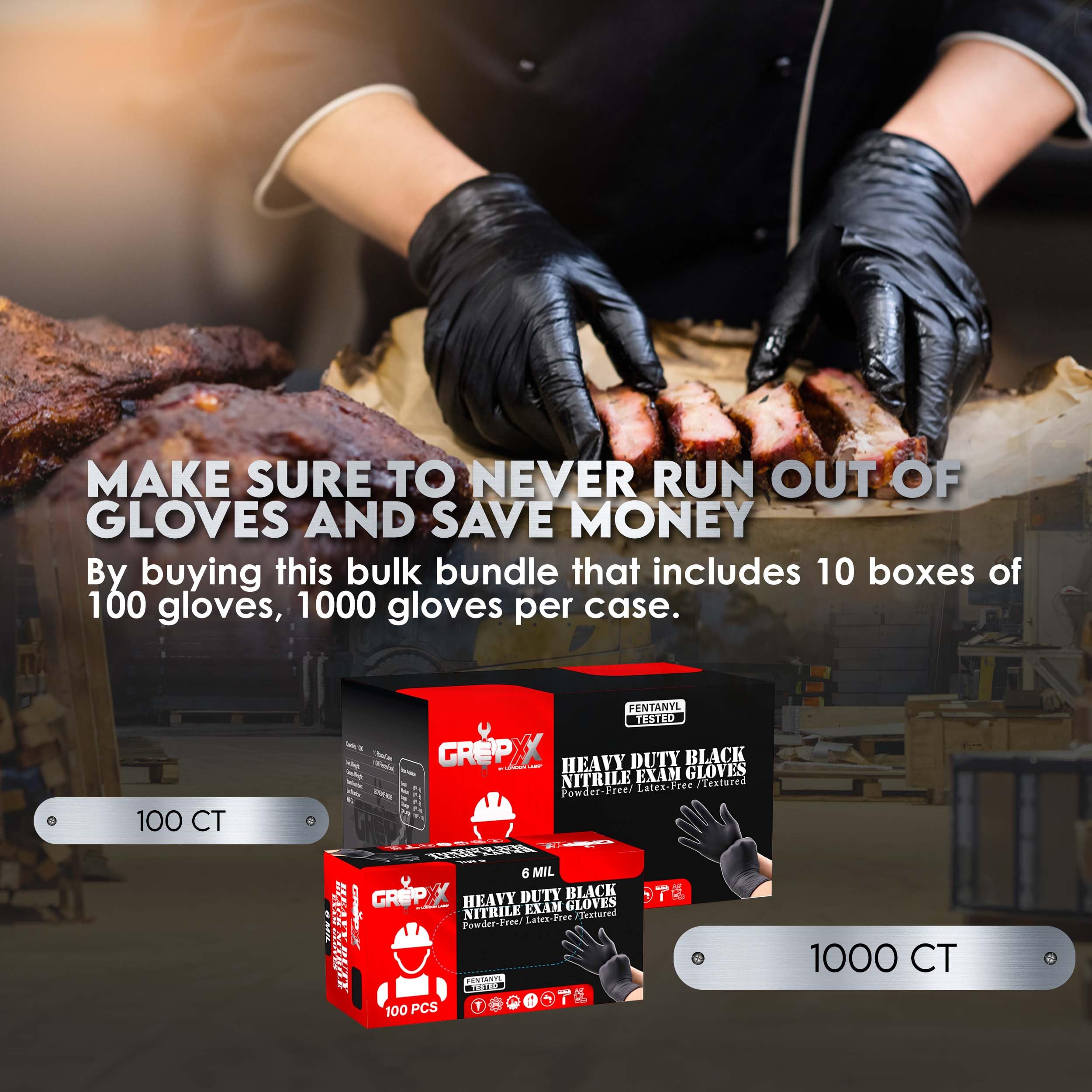 London Labs Heavy Duty 6 Mil Black Nitrile Gloves - Disposable, Latex & Powder Free | Mechanic, Food Prep & Tattoo | Rubber Gloves for Cooking, Cleaning & Household |Bulk Case of (1000)