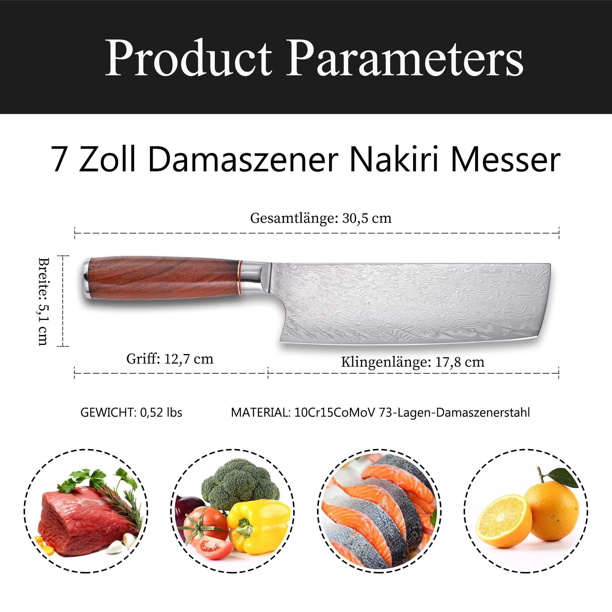 Kitory Coltello Nakiri in Acciaio Damasco 73 Strati – Coltello da Cucina Professionale da 18 cm in Acciaio 10Cr15CoMoV con Manico in Legno di Rosa Birmano - Serie Pro Damast