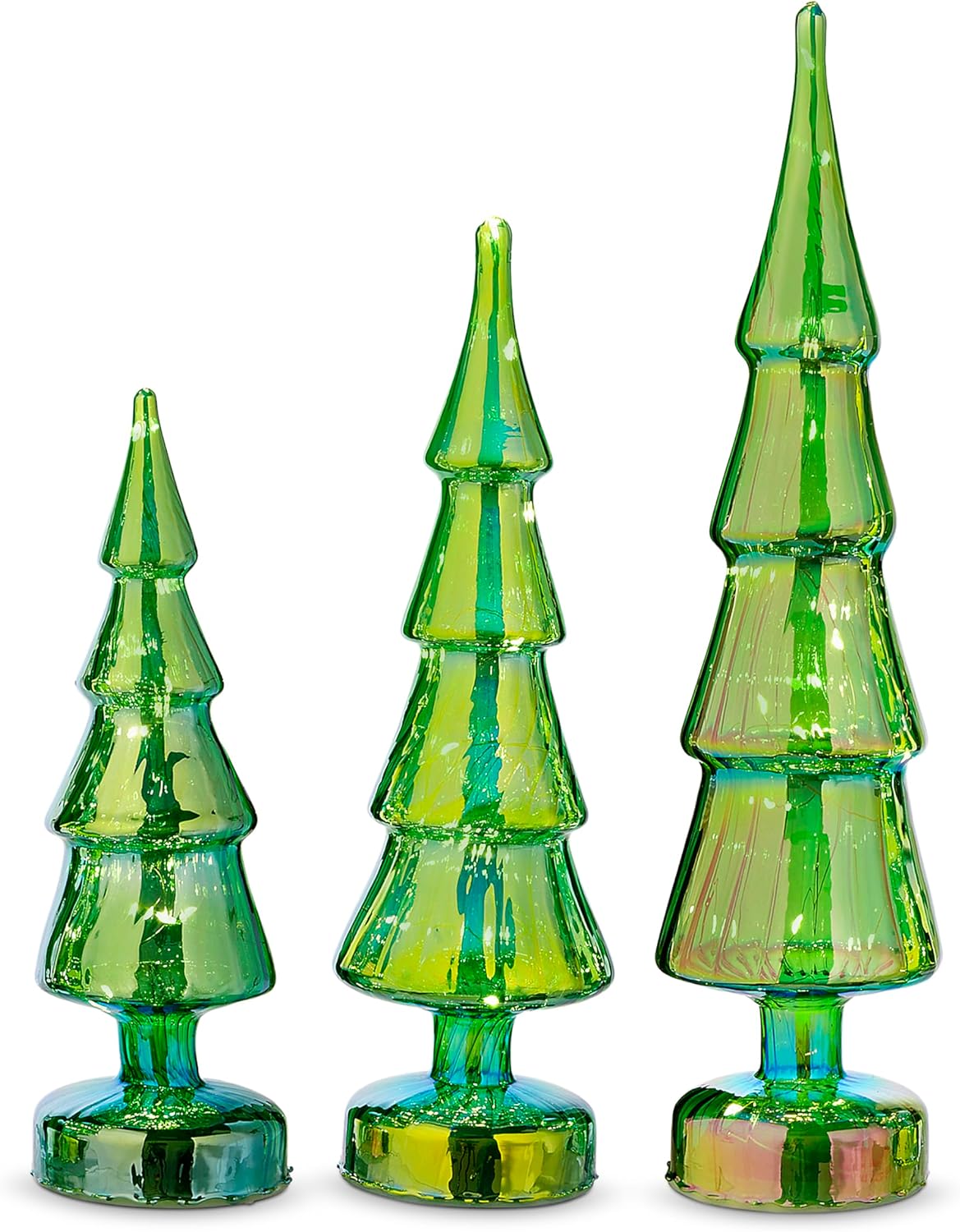 One Holiday Way Large Set of 3 (16", 13.25", 11") LED Lighted Iridescent Green Glass Christmas Trees for Tabletop w/Timer - Vintage Modern Figurine Xmas Shelf Home Decor